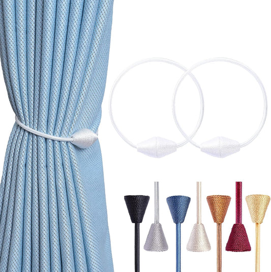 2 PCS Magnetic Curtain Tiebacks, European Style Convenient Drape Tie Backs Holdbacks for Thin or Thick Home & Office Window Draperies, No Tools Required-Wite