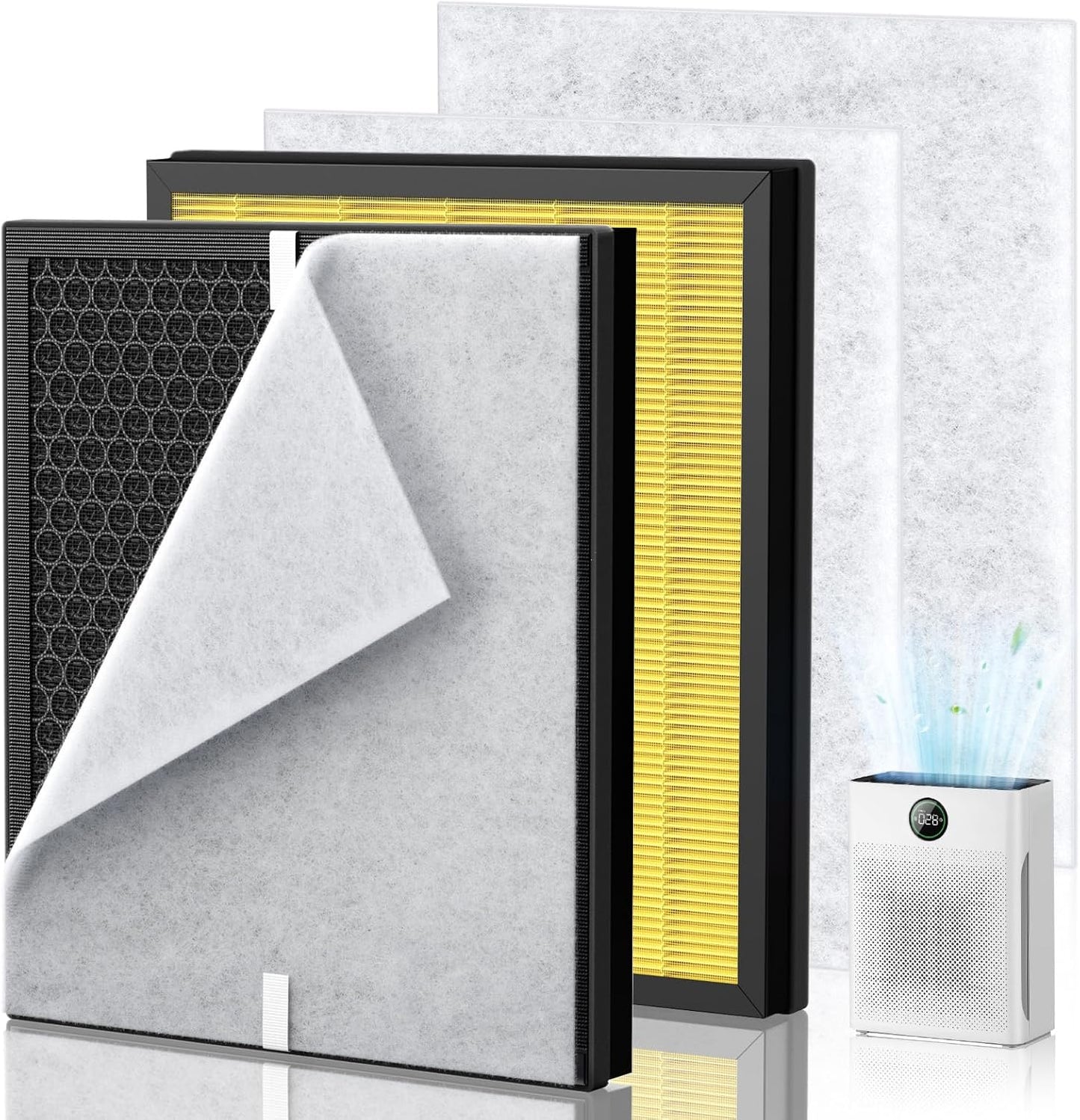 PR1 Replacement Filter for Mooka PR1 Air Purifier for Home Large Room up to 2200sq.ft, 2 Pack 3-in-1 HEPA Activated Carbon, with 4Pcs Washable Filter for Pets，Yellow