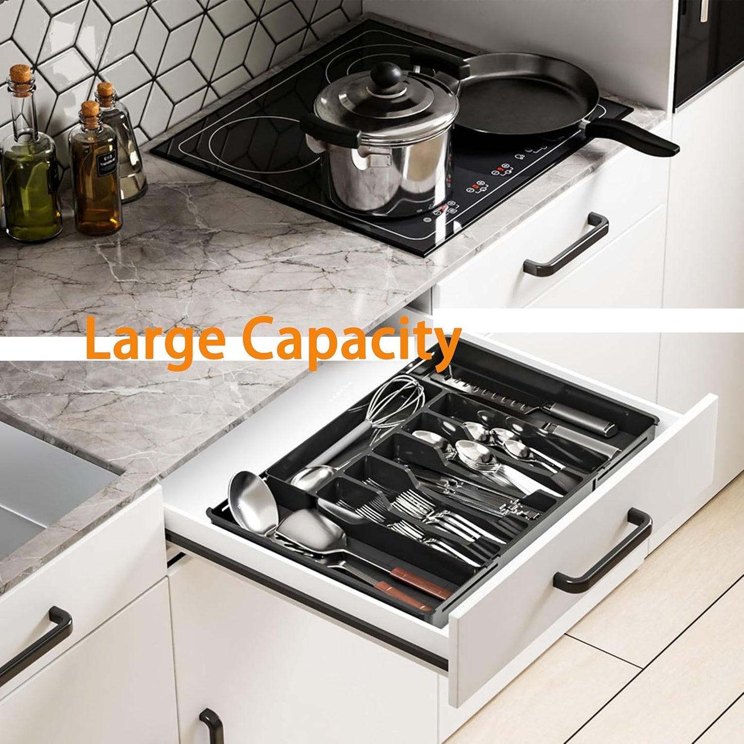 Silverware Drawer Organizer, Expandable Utensil Tray for Kitchen Drawers, BPA Free Flatware and Cutlery Holder, Adjustable Plastic Storage for Utensil like Spoons, Forks, Knives.Black