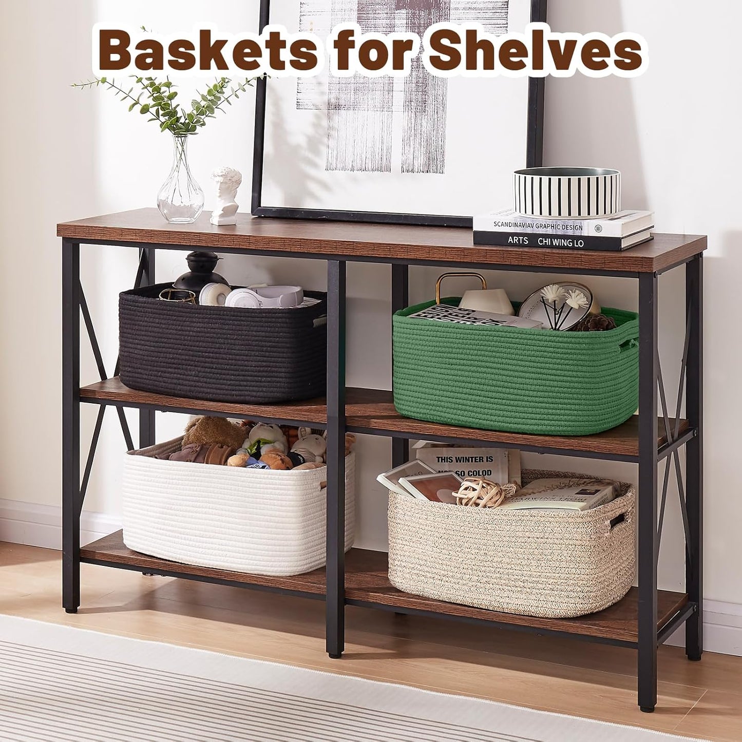 OIAHOMY Storage Basket for Shelves, Closet Cube Storage Bins Baskets for Clothes Blanket Towels, Baby Nursery, Toy Baskets Box, Woven Rope Basket, 15.75*11.81*7.09 IN, 2 Packs Olive Green