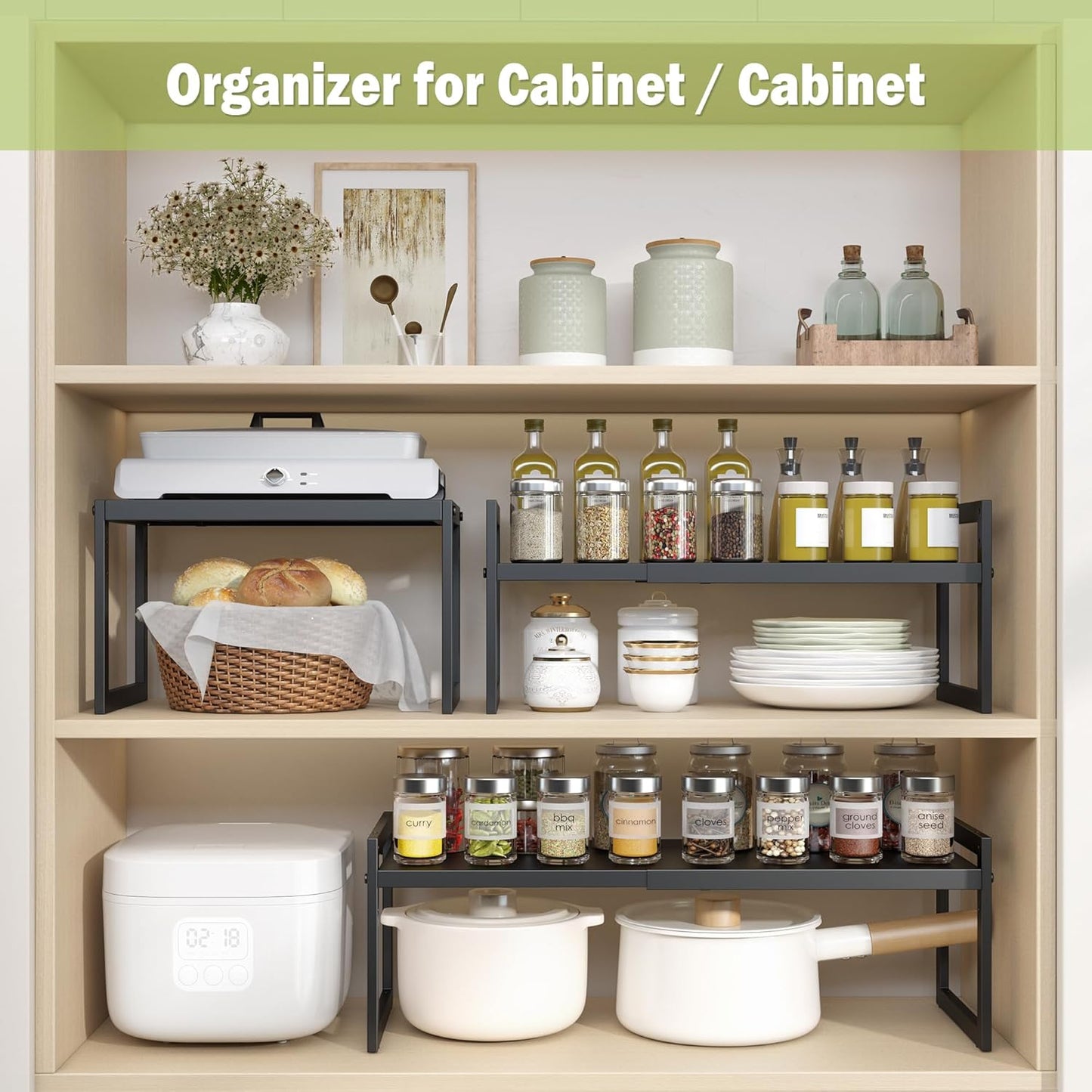 DOLALIKE Expandable kitchen Countertop Organizer, Stackable Cabinet Shelf Organizers, Space Saving Spice Rack Pantry Storage for Bathroom Office (Black, 1 Pack)