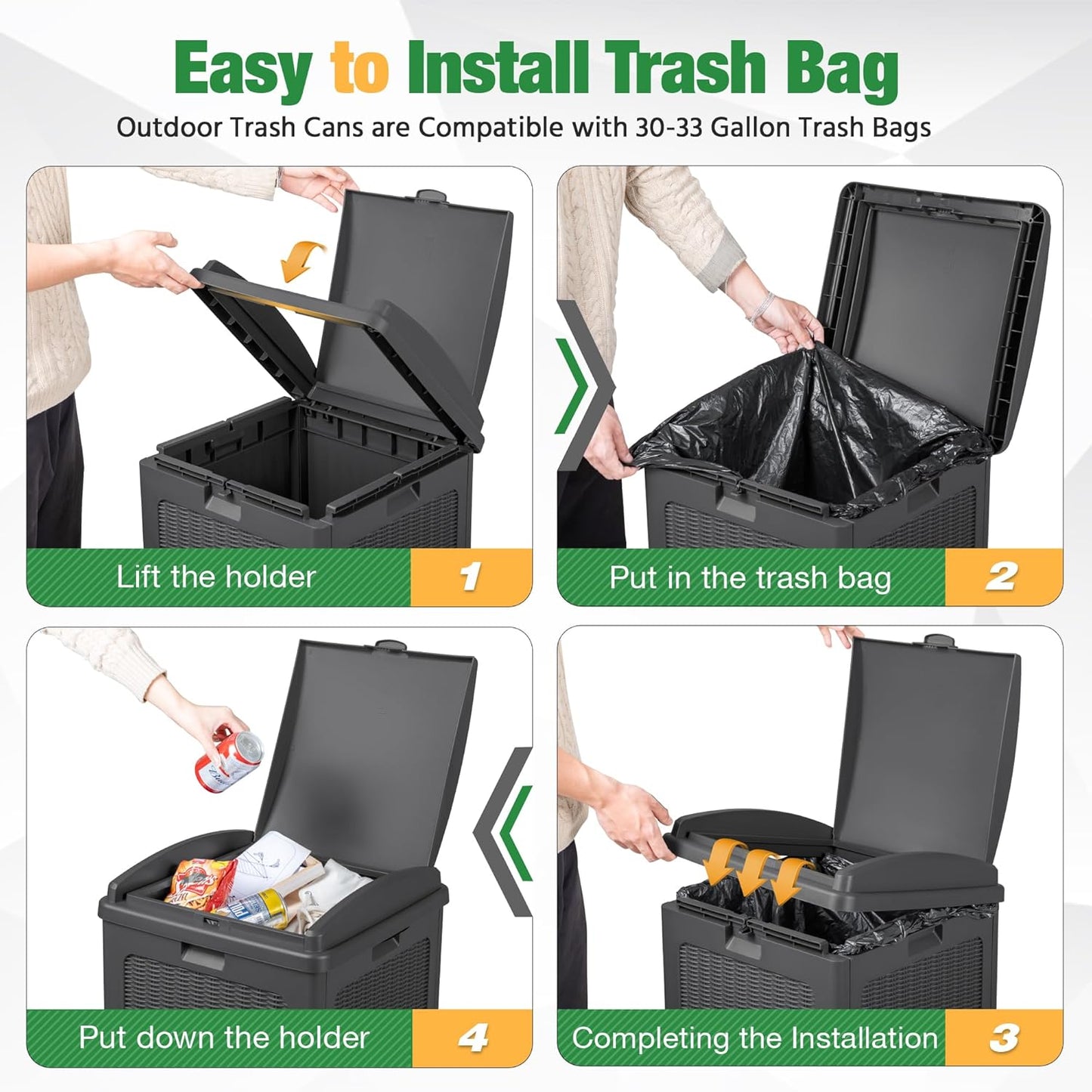 Flamaker 30 Gallon Trash Can, Resin Outdoor Garbage Can with Lid, Waterproof Hideaway Patio Waste Bins for Outside Use (Gray)