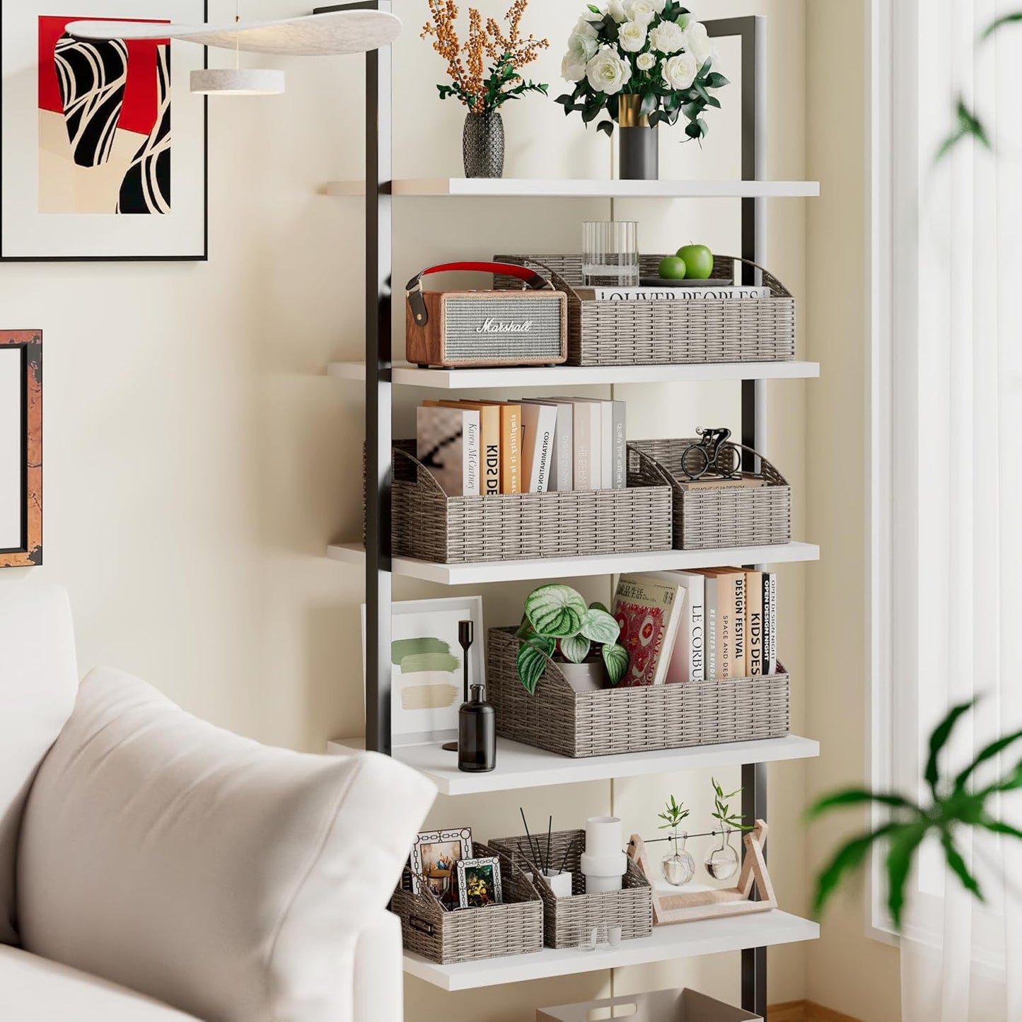 Ollieroo Rattan Storage Baskets, Handwoven Wicker Storage Bins with Built-in Handles, Storage Container Baskets for Shelves, Bedroom, Bathroom, Laundry Room or Kitchen(Grey)