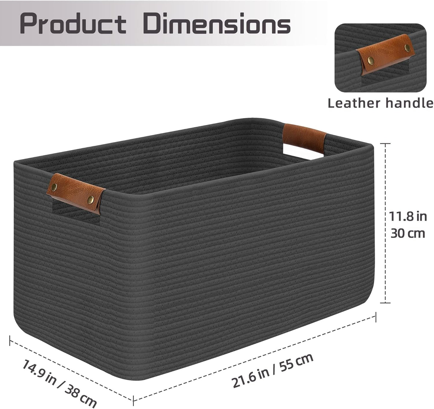 Large Collapsible Laundry Basket, Clothes Hamper for Blanket, Toy, Towels, Woven Baskets for Storage, Nursery Home Decor Living room 21.6" x 15" x 11.8",Grey