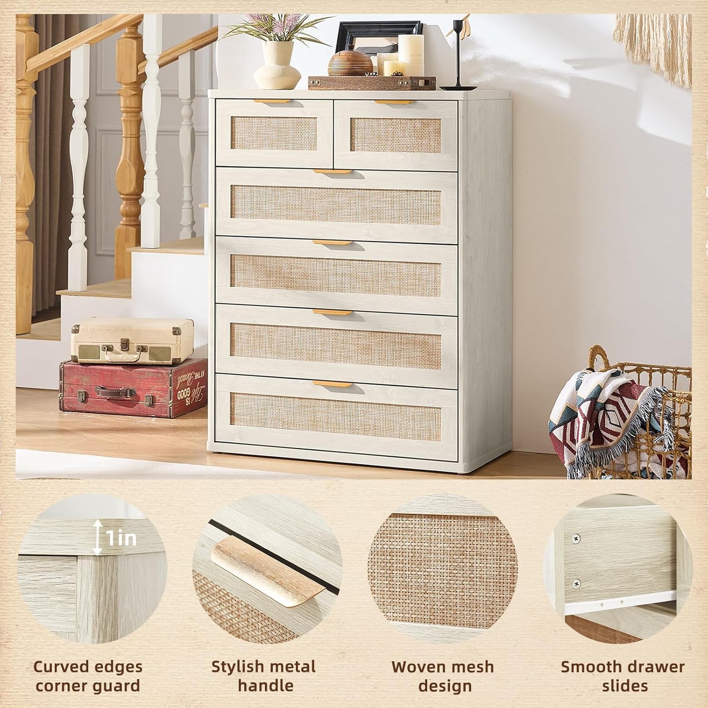 LEYAOYAO White Dresser for Bedroom Set of 2, 42" Tall Chest of Drawers, Modern 6 Drawers Boho Rattan Dressers with Storage, Dresser Wooden Closet Organizer for Living Room, Hallway