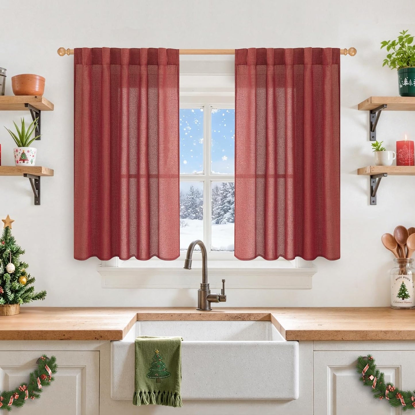 YoungsTex Red Linen Curtains 40 Inch Long for Kitchen, Small Semi Sheer Drapes with Rod Pocket Back Tab Light Filtering Christmas Decor for Bathroom Cafe Short Window, 2 Panels, 42 X 40 Inch