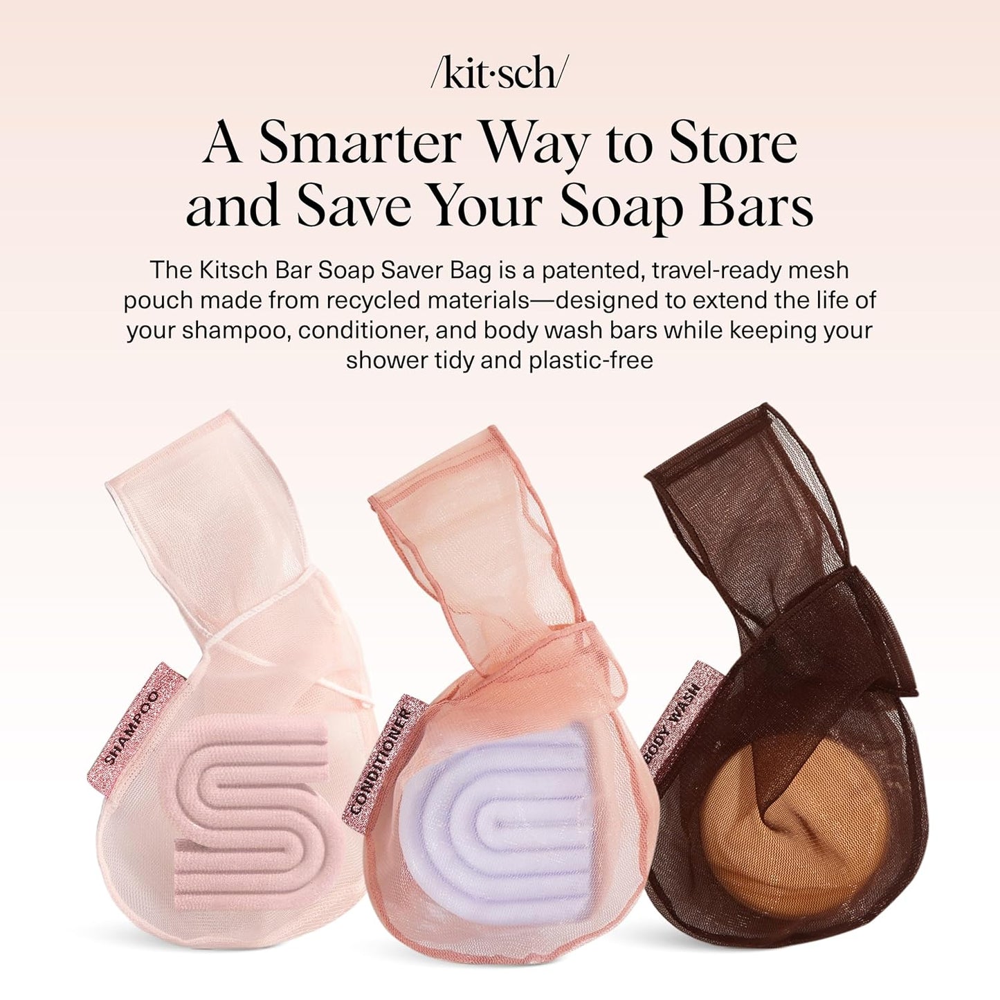 Kitsch Bar Soap Saver Bag – Patented Mesh Bag Soap Holder for Shampoo, Conditioner & Body Wash Bar - Extends Use & Prevents Soggy Mess - Recycled Mesh Pouch - Blush, Terracotta & Chocolate, 3pc Set
