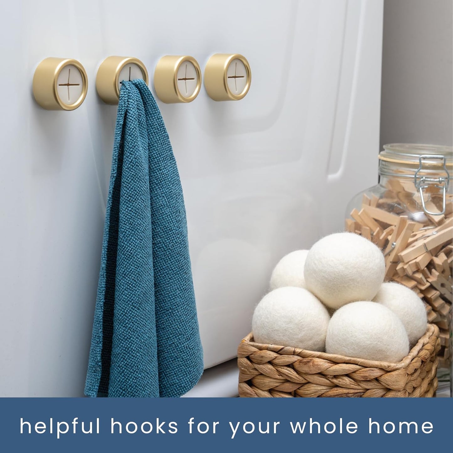 S&T INC. Round Adhesive Push Towel Hooks for Kitchen, Hand and Dish Towels, Brushed Gold, 4 Pack