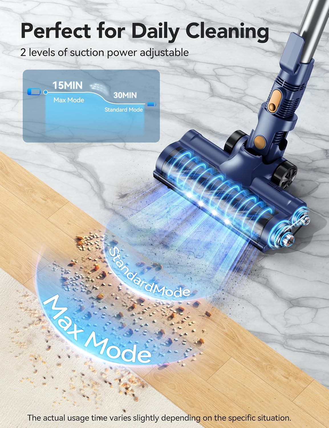 Cordless Vacuum Cleaner, Rapid Clean 23 Kpa Powerful Suction, 1.3 L Large Capacity, 2 Modes & 30Mins Runtime, Rechargeable Stick Vacuum for Pet Hair Hardwood Carpet - Blue