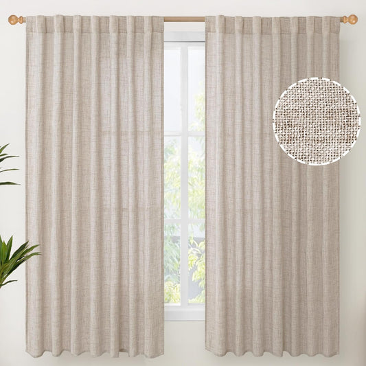 YoungsTex Natural Linen Curtains 60 Inch Wide Back Tab Textured Window Drapes 63 Inch Window Length for Living Room Light Filtering, 2 Panels