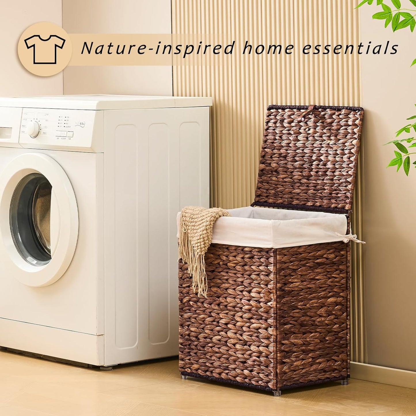 Handwoven Laundry Basket with Lid, Natural Water Hyacinth Storage Basket with Handle, Removable Cotton Liner, Durable and Stylish for Bedroom, Bathroom, Laundry Room