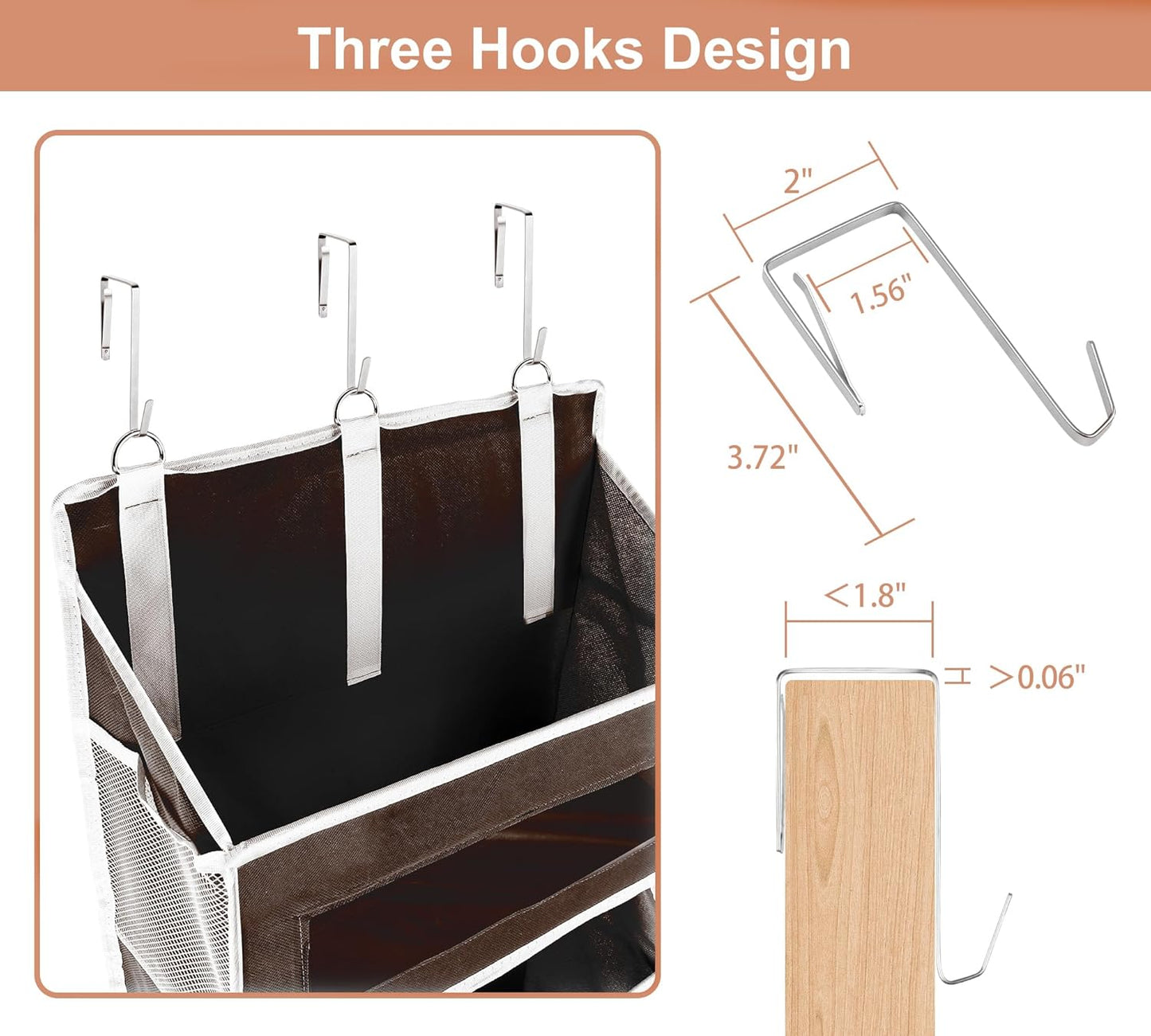 5-Tier Over The Door Storage Organizer with 10 Side Mesh Pockets, 48 lbs Load Capacity, 3 Hooks Design, Door Hanging Organizer with Clear Windows for Bathroom, Bedroom, Nursery, Kitchen-Brown