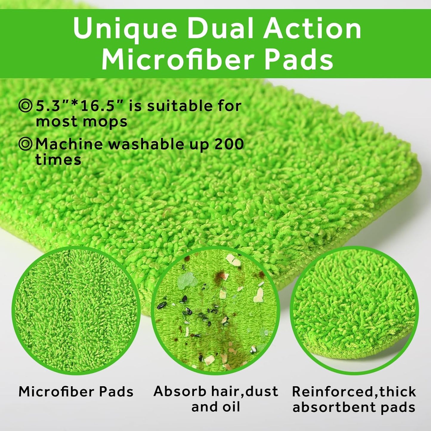 18 inch Mop Pads Refills, 3 Pack Microfiber Reusable Replacement Mop Pads Flat Replacements Heads for Wet Or Dry Floor Cleaning and Scrubbing, Green Cloth