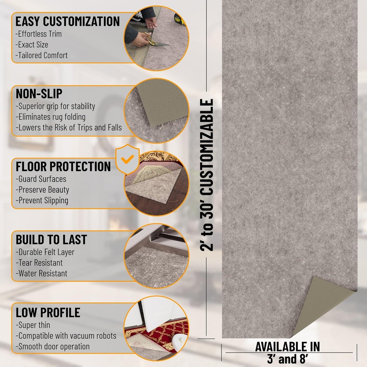 Ottomanson 3' x 5' Non-Slip Rug Pad Gripper 1/4 Inch Thick Dual Surface Felt + Rubber Gripper - Safe for All Floors, Brown