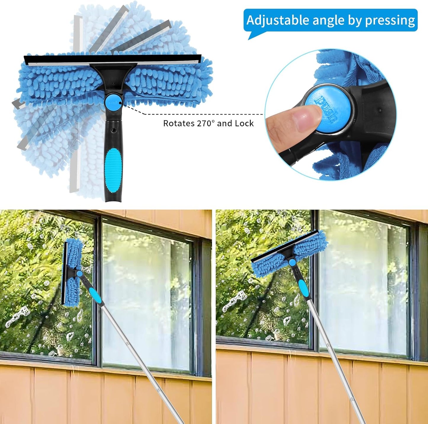 Professional 72'' Window Squeegee Cleaning Washing Tool/Kit with Extension Pole, 3 in 1 Squeegee for Window Cleaning Kit for High Window with 1 Rotatable Head 4 Interchangeable Scrubber