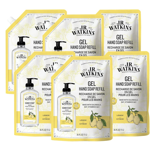 J.R. Watkins Gel Hand Soap Refill Pouch, Scented Liquid Hand Wash for Bathroom or Kitchen, USA Made and Cruelty Free, 34 fl oz, Lemon, 6 Pack