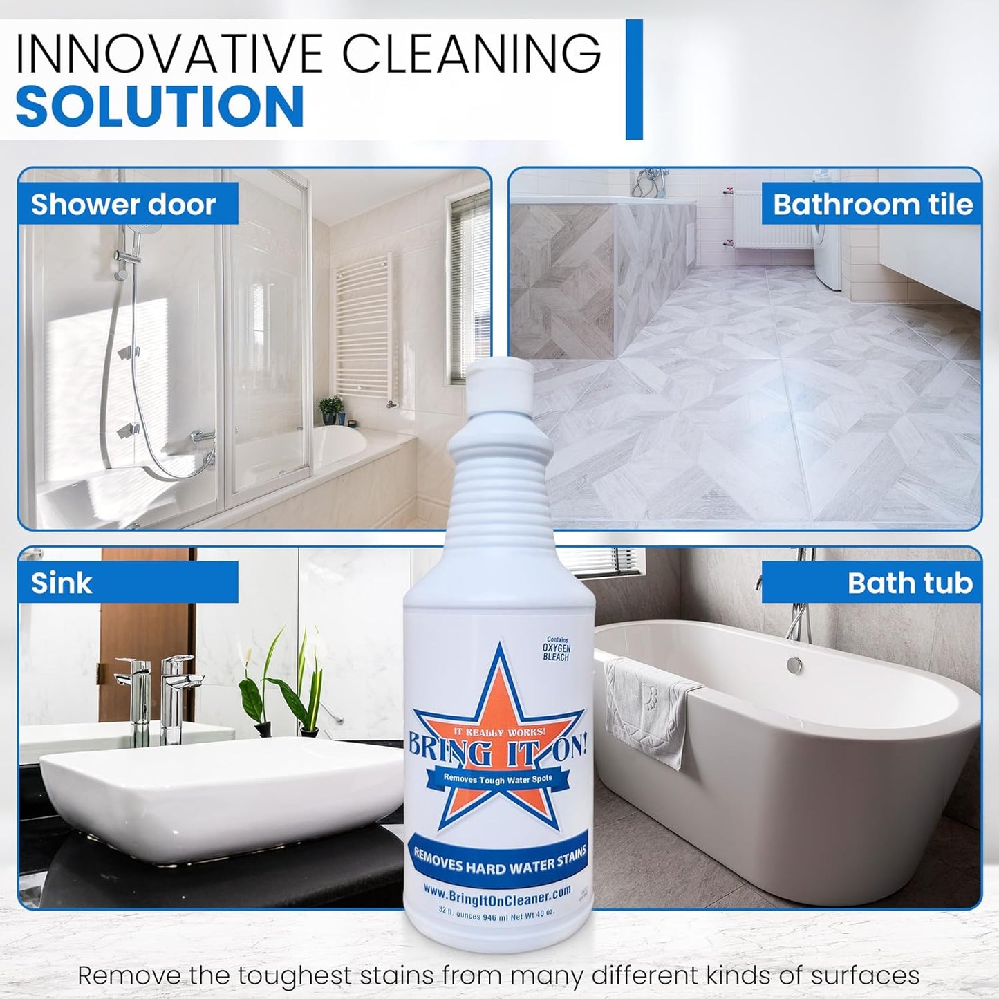 BRING IT ON! CLEANER Water Spot Remover Plus 2 Drill Brushes, Clean Tile, Cleaning Drill Scrub Brush, Cleaning Brush For Drill, Drill Brush Attachment (32 oz)