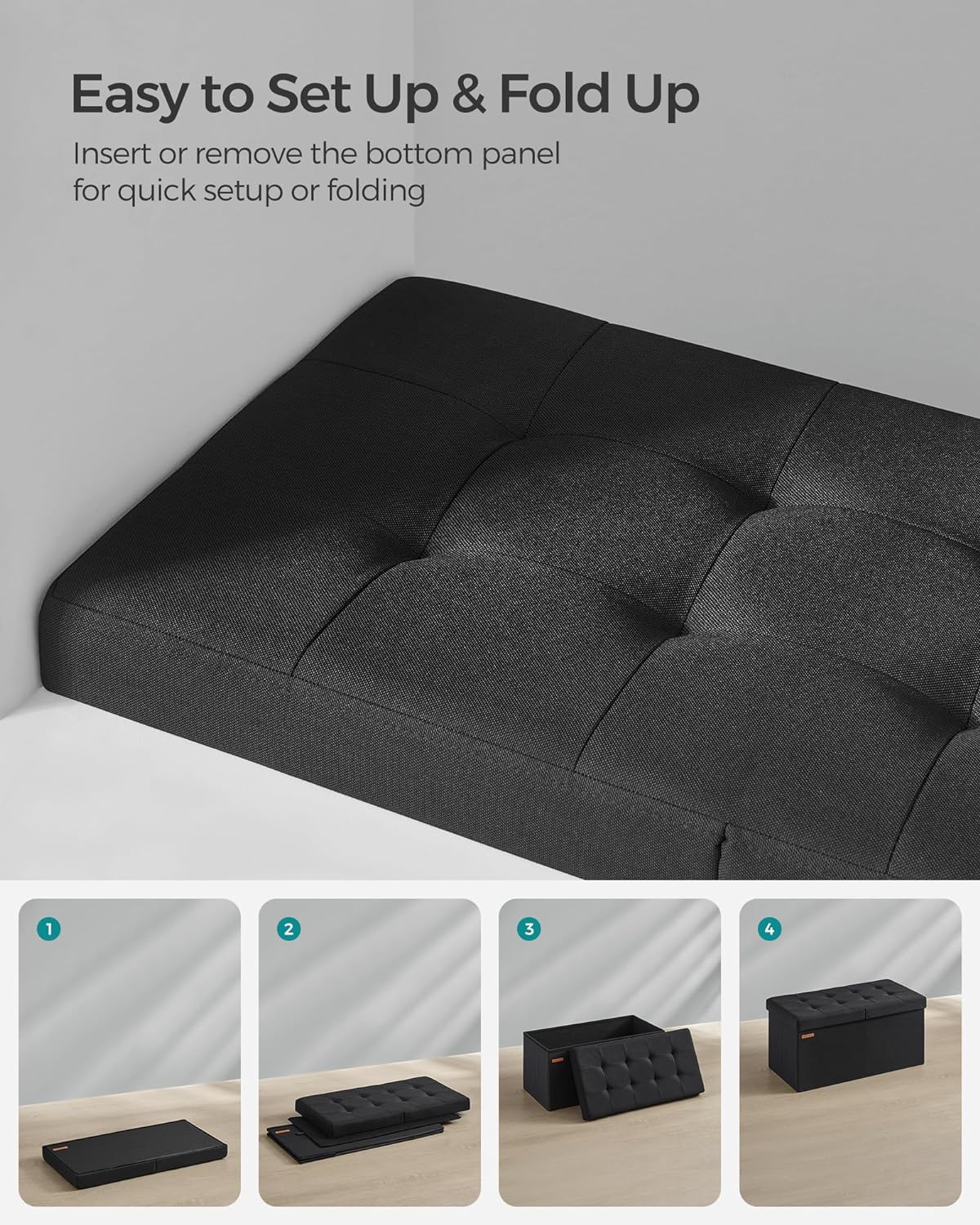 SONGMICS Mazie Collection - 30 Inches Storage Ottoman, Foldable Storage Bench with Flipping Lid, 660 lb Load Capacity, for Entryway, Living Room, Bedroom, Ink Black ULSF046B01