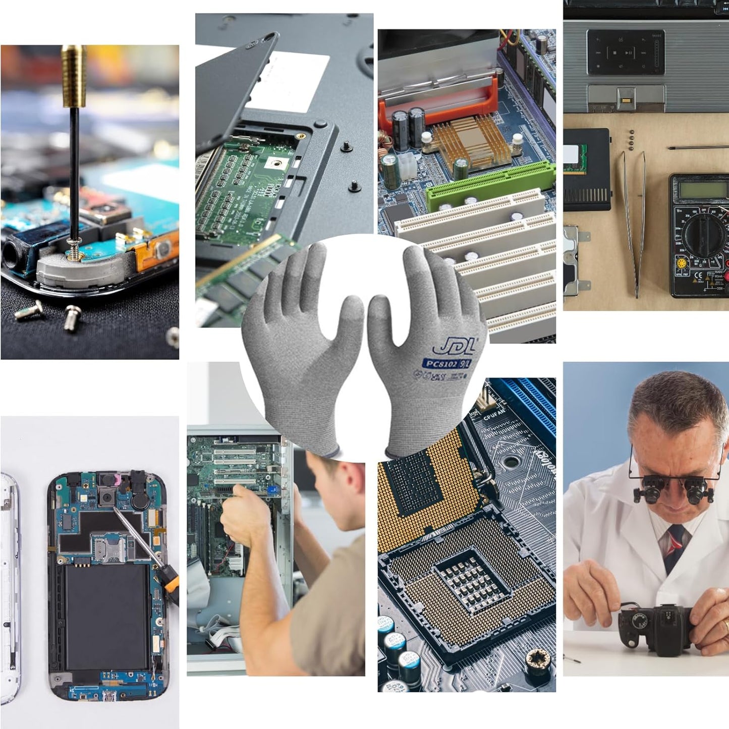 JDL ESD Work Gloves, Anti-Static Gloves for PC Building, 6 pairs, Computer Installation & Repair, High Resistance Carbon Fiber Gloves, Medium