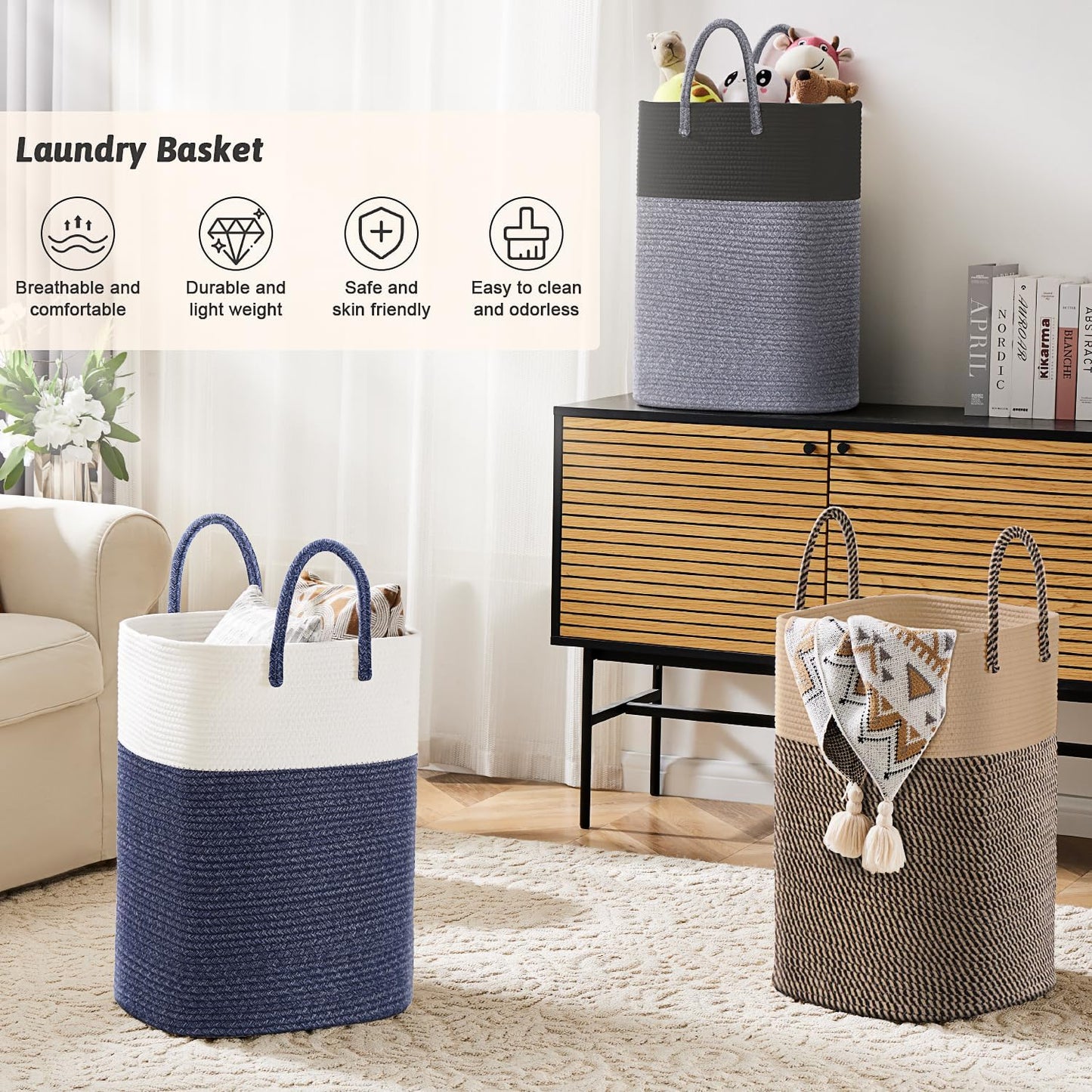 Laundry Basket,Woven Cotton Rope Laundry Hamper,Versatile Storage for Dirty Clothes,Baby Toys,and Blankets in Bathroom, Nursery,and Living Room (Blue, 80L)