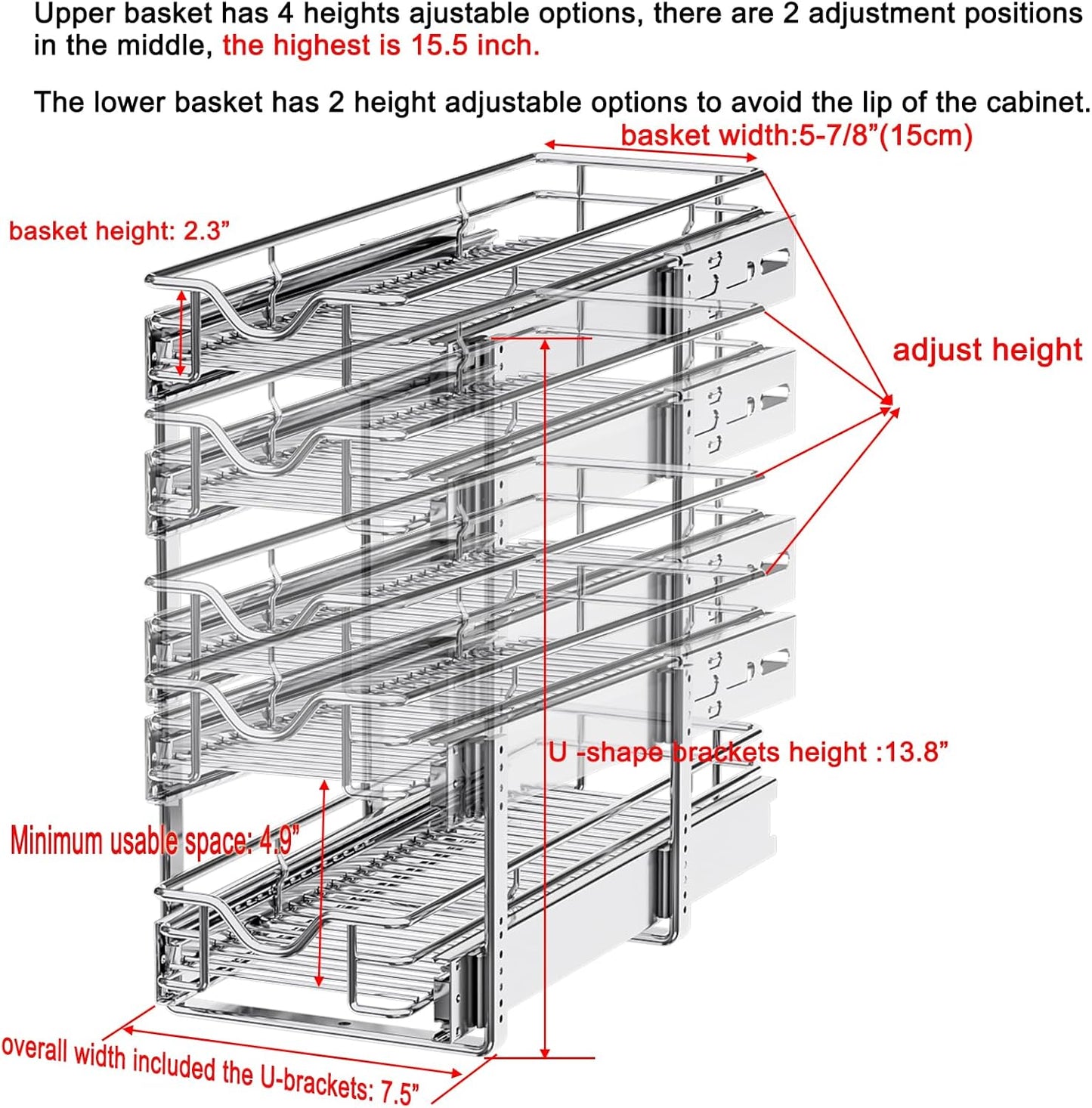 DINDON Pull Out Cabinet Organizer (7-1/2" W x 21-1/2"D), Cabinet Pull Out Shelves, 2 Tier Pull Out Drawers for Kitchen Cabinets, Wire Basket Slide Out Shelf for Cabinet Organization