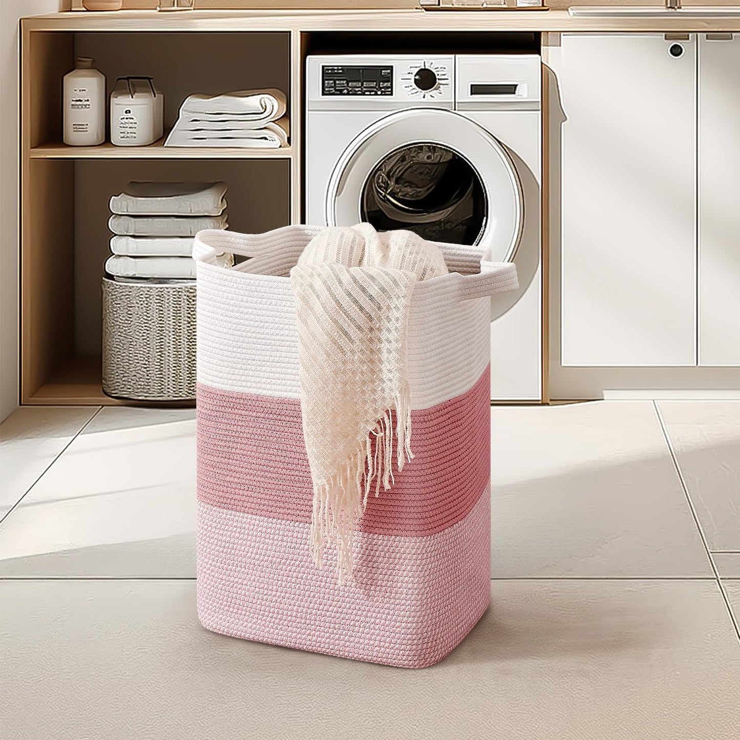 CLHMILY&Z 75L Laundry Hamper Rectangular Pink Rope Basket - 16x13x22 Inches - Dirty Clothes Storage Soft Organizer Bin for Blankets, Toys, and Nursery Essentials