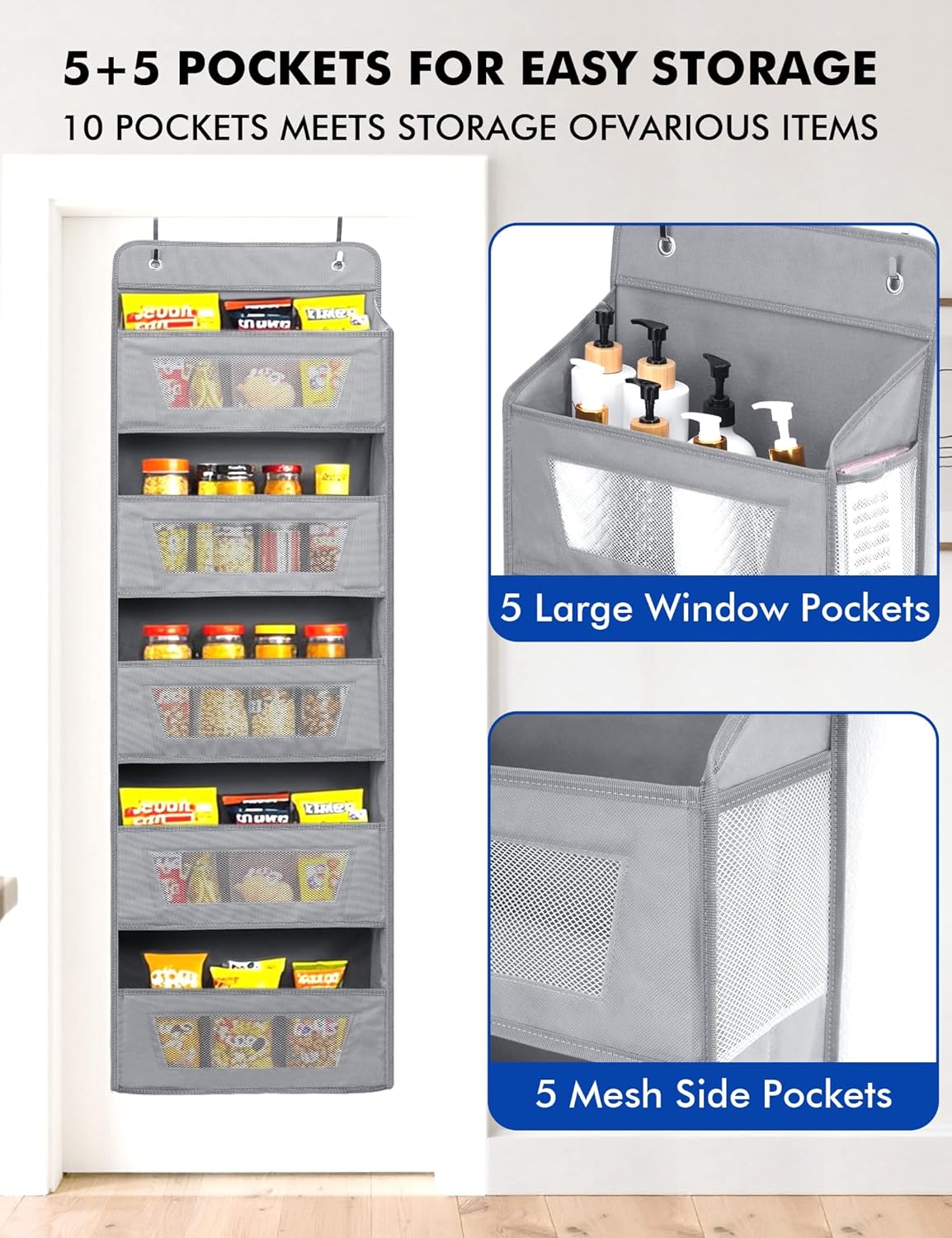Meolsaek Over the Door Organizer,46lbs Load and Anti-Tilt Design，5 Tier Behind the Door Storage 5 Side Pockets，Perfect for Closet Organizers, Bathroom Storage