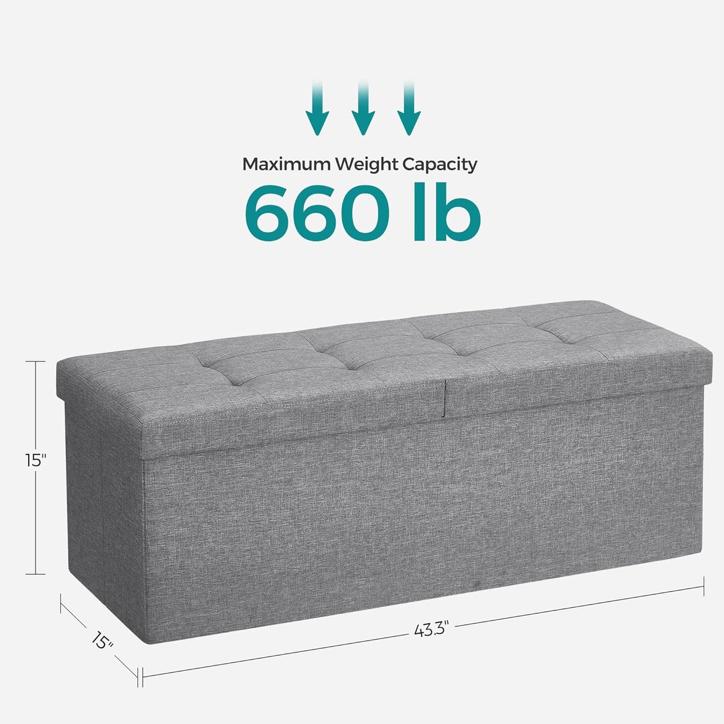 SONGMICS MAZIE Collection - 43 Inches Storage Ottoman, Foldable Storage Bench with Flipping Lid, 660 lb Load Capacity, for Entryway, Living Room, Bedroom, Light Gray ULSF71G