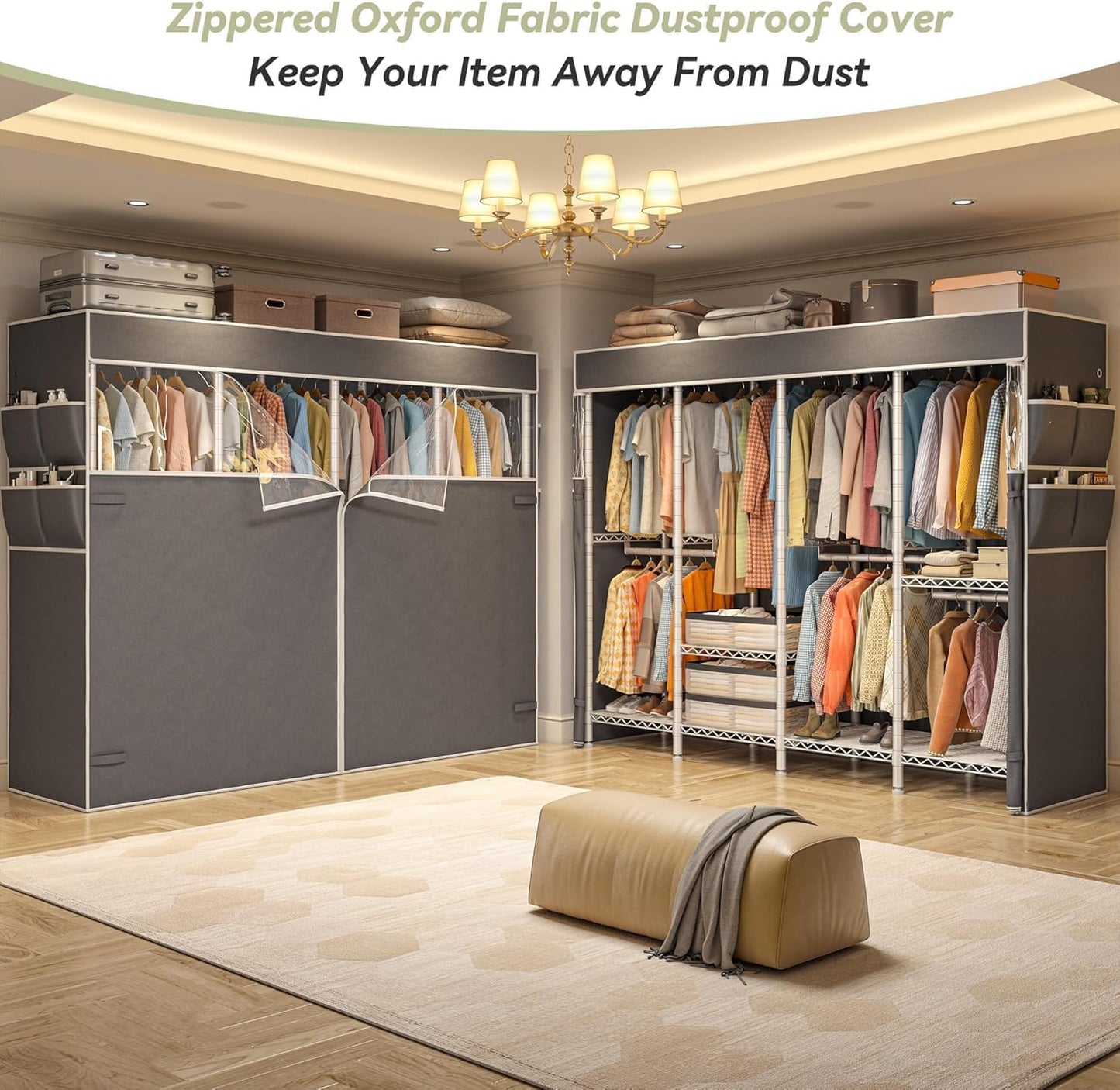 Raybee Clothes Rack with Cover,1150LBS Heavy Duty Clothing Rack for Hanging Clothes,Adjustable Portable,18" D x 76" W x 77" H,White