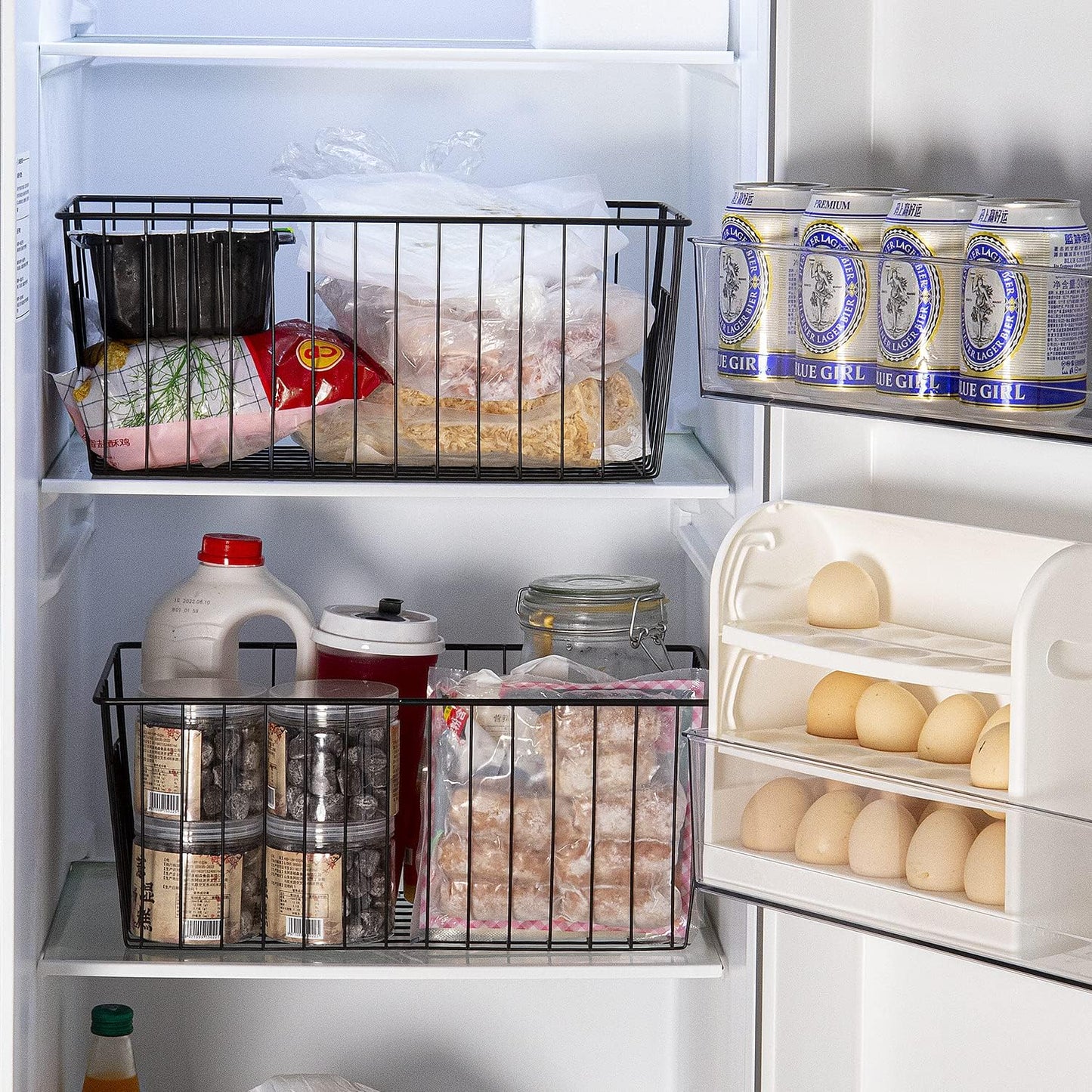 16" L x 12" W Wider Freezer Storage Organizer Baskets Container, Metal Wire Chest Upright Refrigerator Divider Bins with Built-in Handles for Cabinet, Pantry, Closet, Kitchen, Black