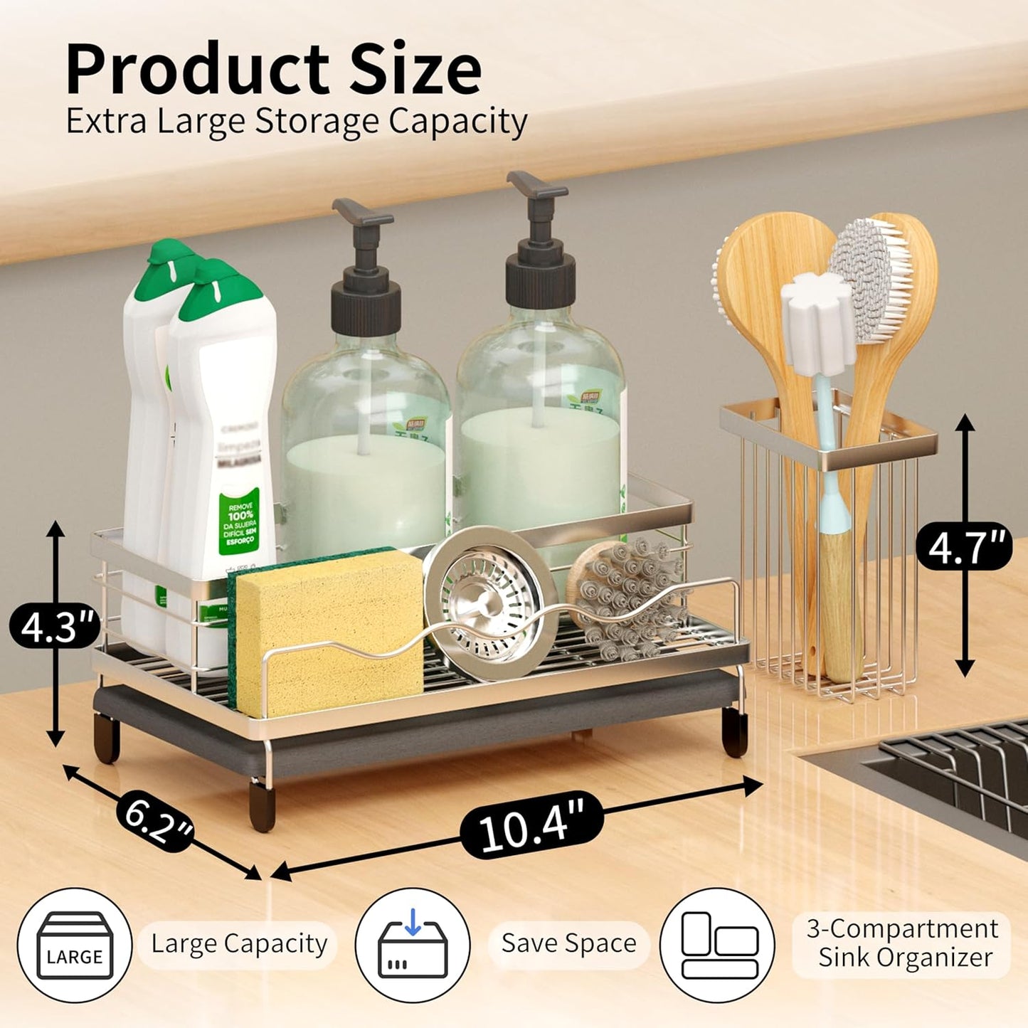 Sink Caddy, Kitchen Sink Organizer with Sponge Holder and Stone Drying Mat, Quick Drying, Stainless Steel Kitchen Caddy Organizer for Sponges, Brushes & Soap
