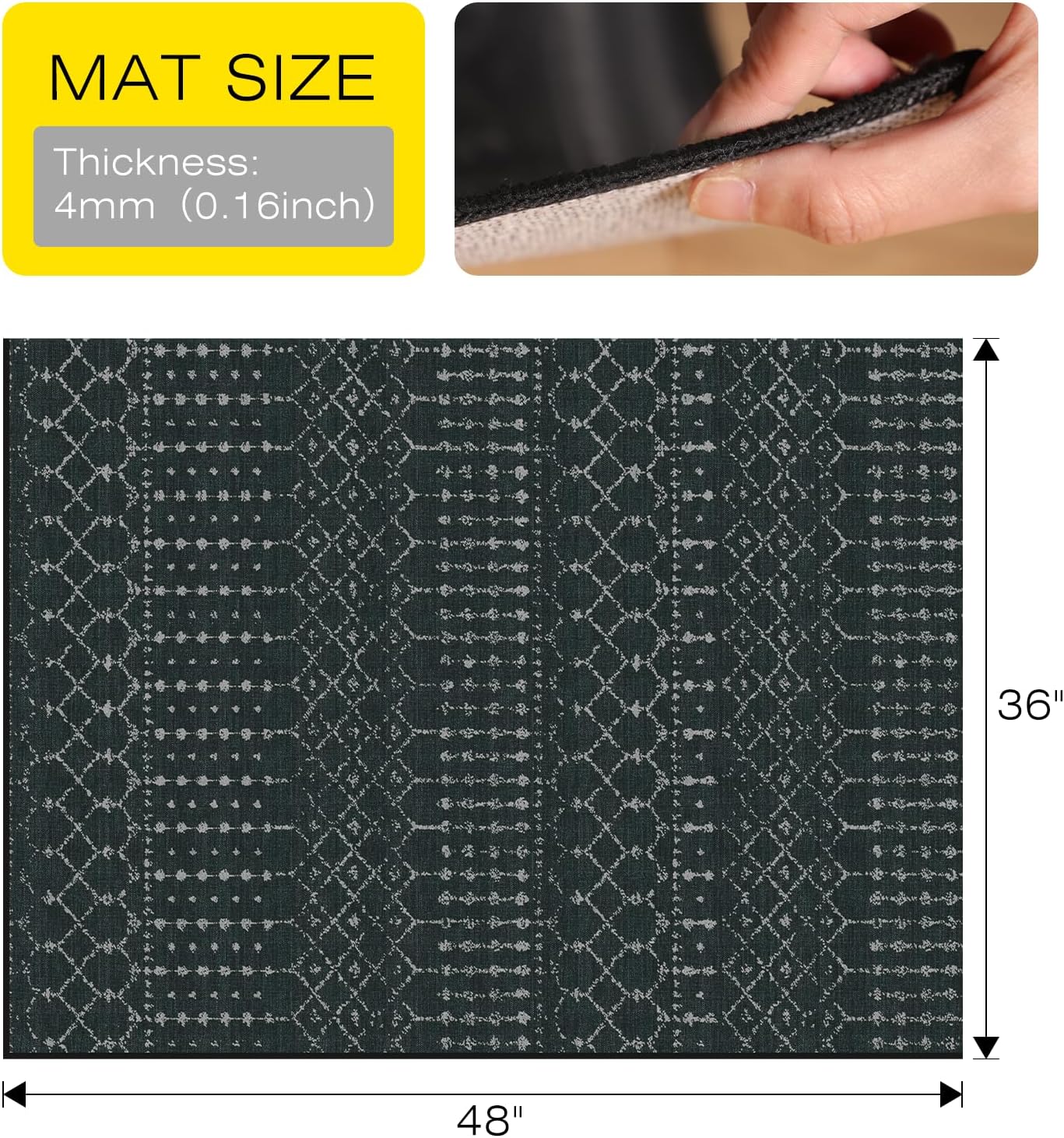 Office Chair Mat for Hardwood & Tile Floors, 48" x 36" Desk Chair Mat, Non-Slip Floor Protector for Rolling Chairs, Machine Washable Area Rug for Home Office, Black