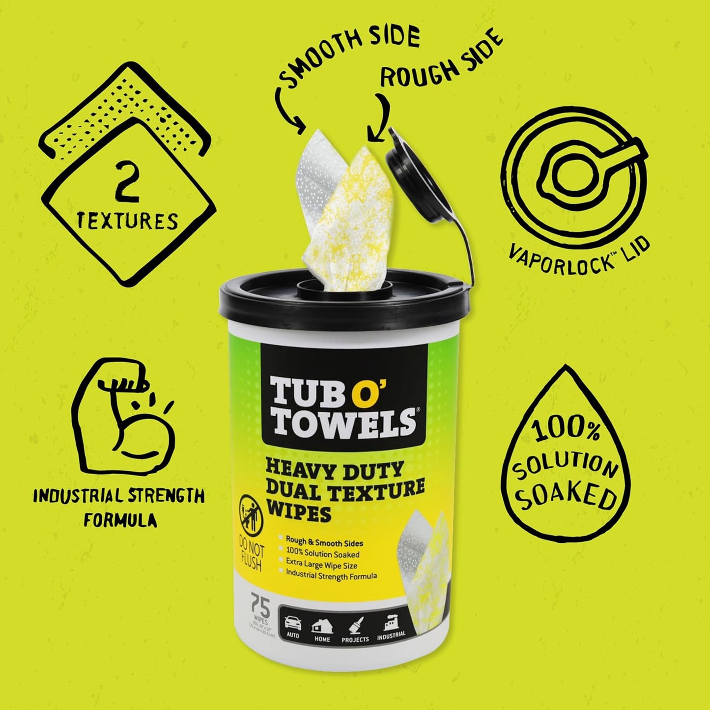 Tub O’ Towels TW75 Heavy-Duty 10" x 12" Size Multi-Surface Cleaning Wipes, Dual Texture, 75 Count Per Canister