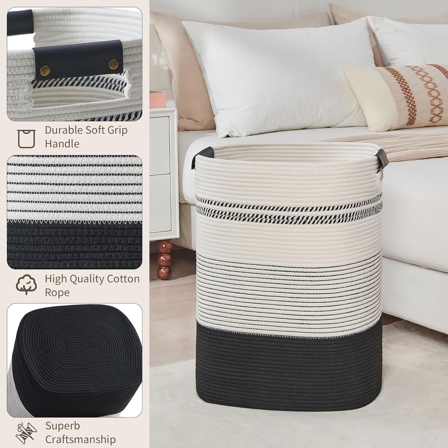 Laundry Basket with Handles - Blanket Basket & Hampers for Bedroom Aesthetic, Laundry Hamper & Blanket Storage for Living Room, Clothes Hamper, Tall, Large 17" x 14" x 22”, Black & White