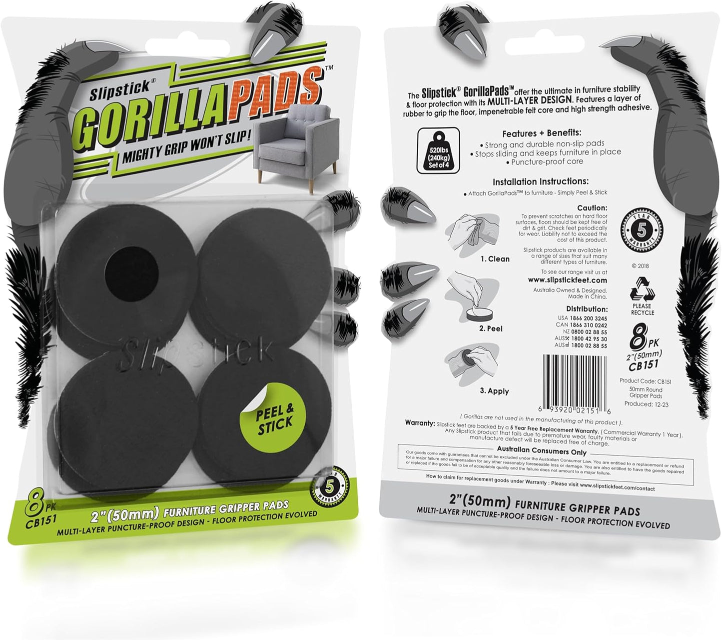 Slipstick GorillaPads Non Slip Furniture Pads/Gripper Floor Protectors (Set of 8) 2 Inch Round Self Adhesive Rubber Stoppers for Furniture Legs, CB151