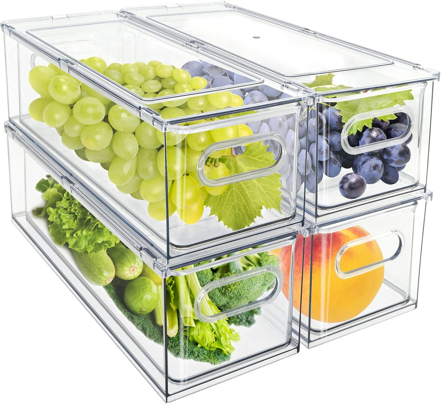 MineSign 4Pack Stackable Fridge Drawers Pull-out Storage Bins with Handle Clear Food Container for Refrigerator Plastic Dresser Organizer Fruit&Veggie Keeper for Freezer Cabinet Kitchen Organization