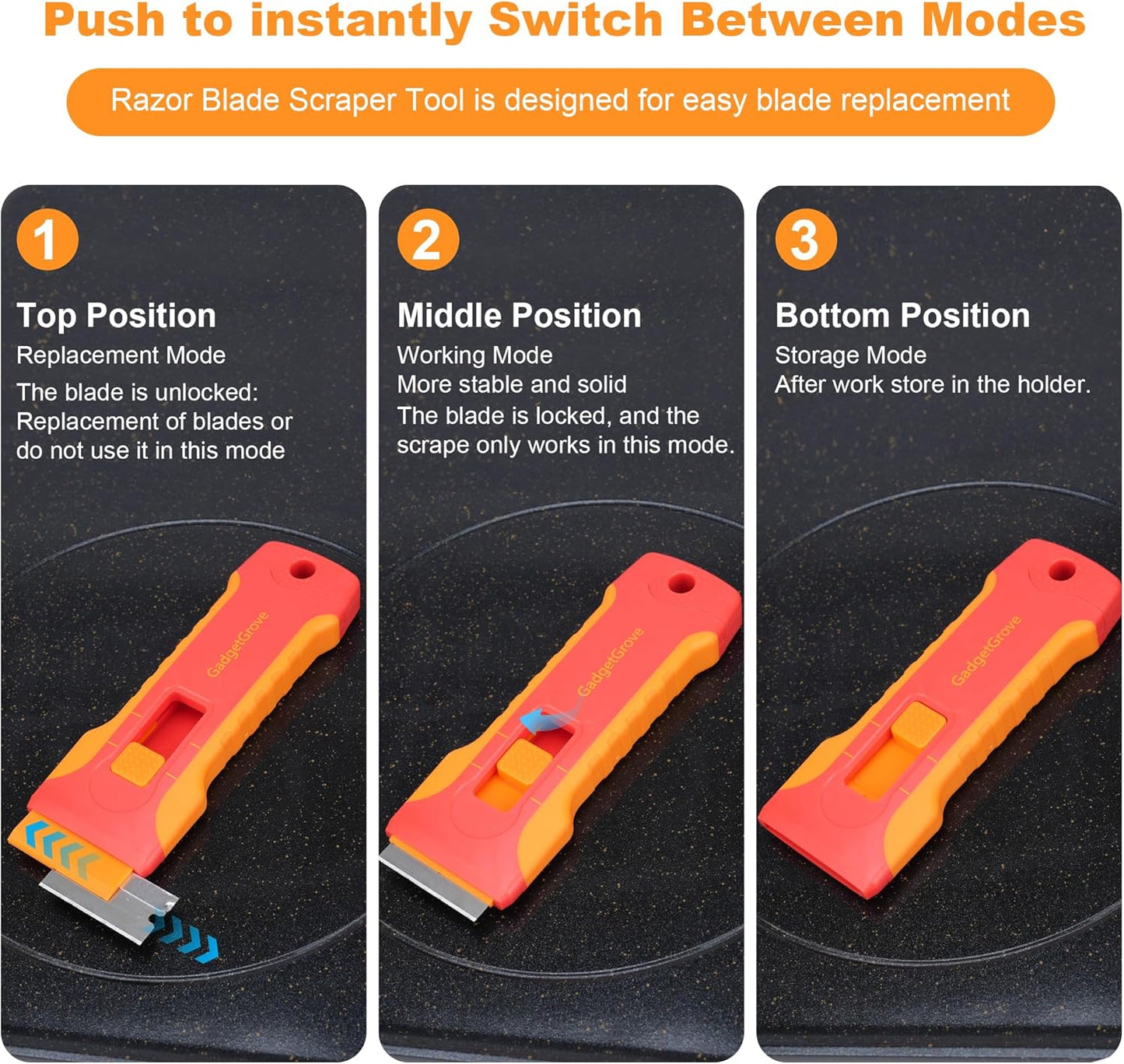 Upgraded Lock Mechanism Razor Blade Scraper with 10pcs Blades and 3Pcs small wire brushes,Scraper Tool for Clean Glass Window, Cooktop, Oven, Stove Scraper, Scraper with Buit-In Blade Storage, Orange