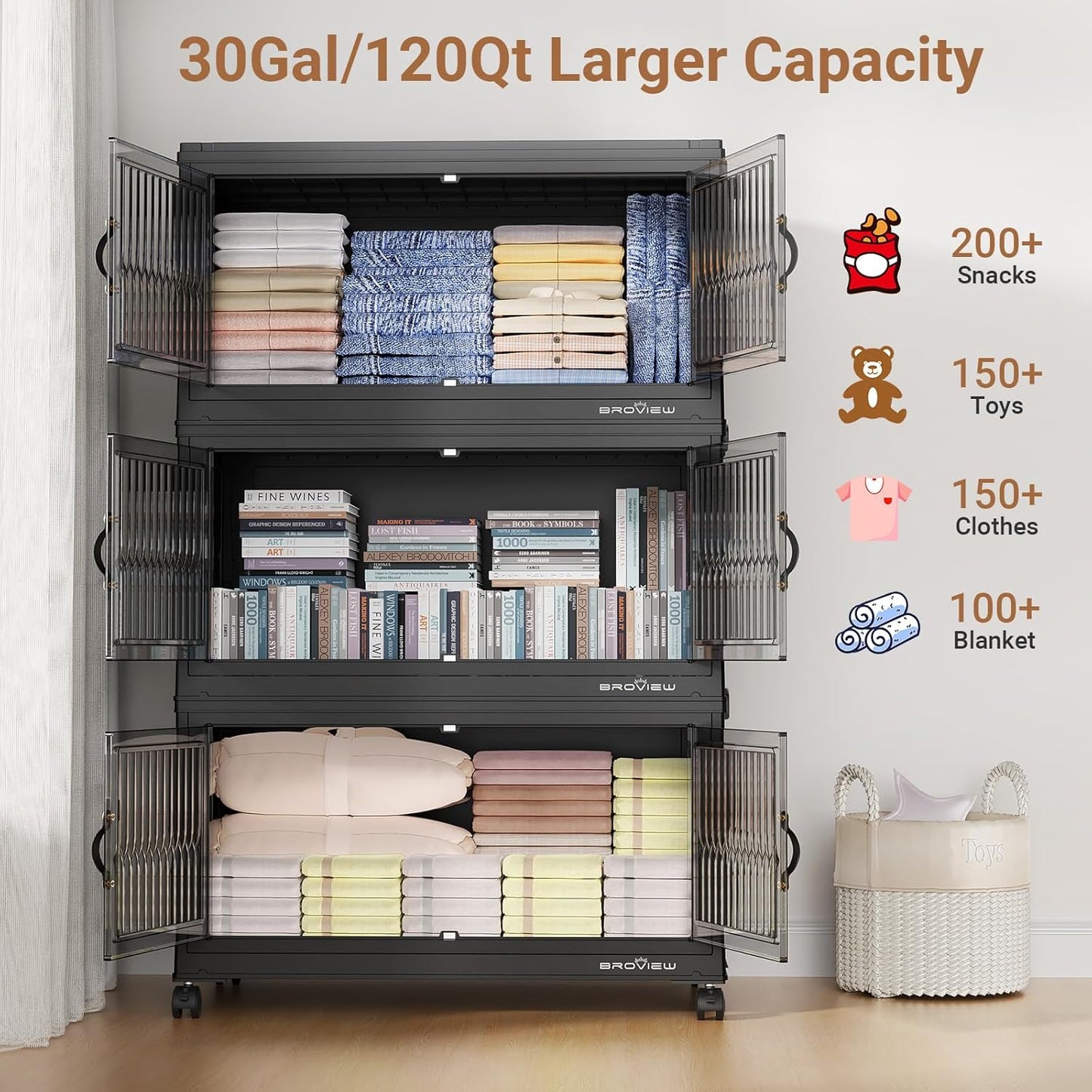 BROVIEW 360Qt Stackable Storage Bins with 3 Lids, Extra Large Closet Organizer Collapsible Drawer Boxes with Wheels, Folding Plastic Cabinet Containers for Home Kitchen Room Organization, 3Pack Black