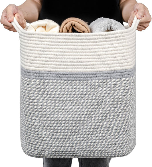Medium and Large Woven Basket//With Handle, Used for Toys and Fabric Storage Basket used for Storing xl Storage Box, Decorative Storage Box Room (14L*15.7H TWhite/Gray, 14L*10W*15.7H)