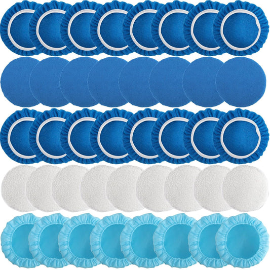 40 Piece Car Polisher Pad Set, Mix Pack of 24 Microfiber, 8 Non Woven, 8 Woolen Bonnets, 8-9 Inch, Dark Blue, Light Blue, White, Suitable for Metals, Woods, Other Hard Surfaces