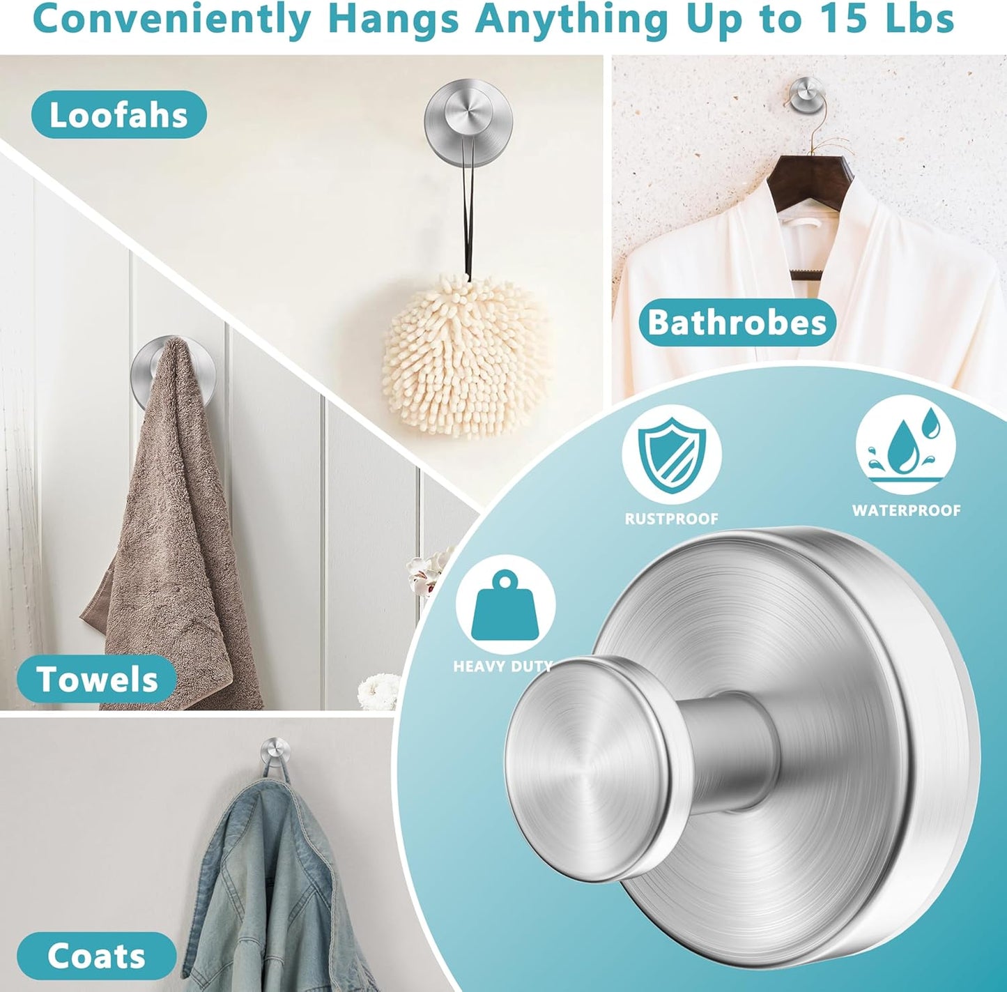 Suction Cup Hooks for Shower,Removable No Drill Towel Hooks,Upgraded 15 lbs Strong Suction hooks for Bathroom Tile,Shower Wall,Glass Door,Kitchen-Loofah,Coat,Stainless Waterproof-Silver 2 Pcs