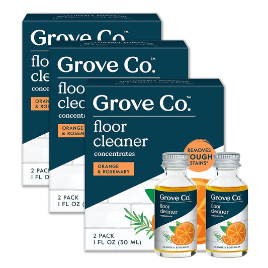 Grove Co. Floor Cleaner Refill Concentrate (6 x 1 Fl Oz) Plant-based Household Cleaning Supplies, Ammonia & Chlorine Free, No Plastic Waste, 100% Natural Orange & Rosemary Scent, 3 x 2 Pack Refills