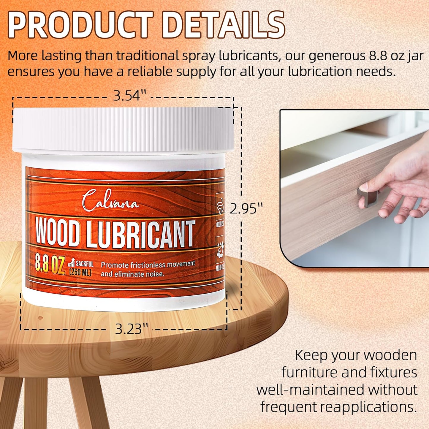 8.8oz Wood Wax for Home Projects,Door Hinge Lubricant,for Wood Drawer Slides,Sliding Glass Door,Window Track, Clear,Unscented, Non-Spray Formula