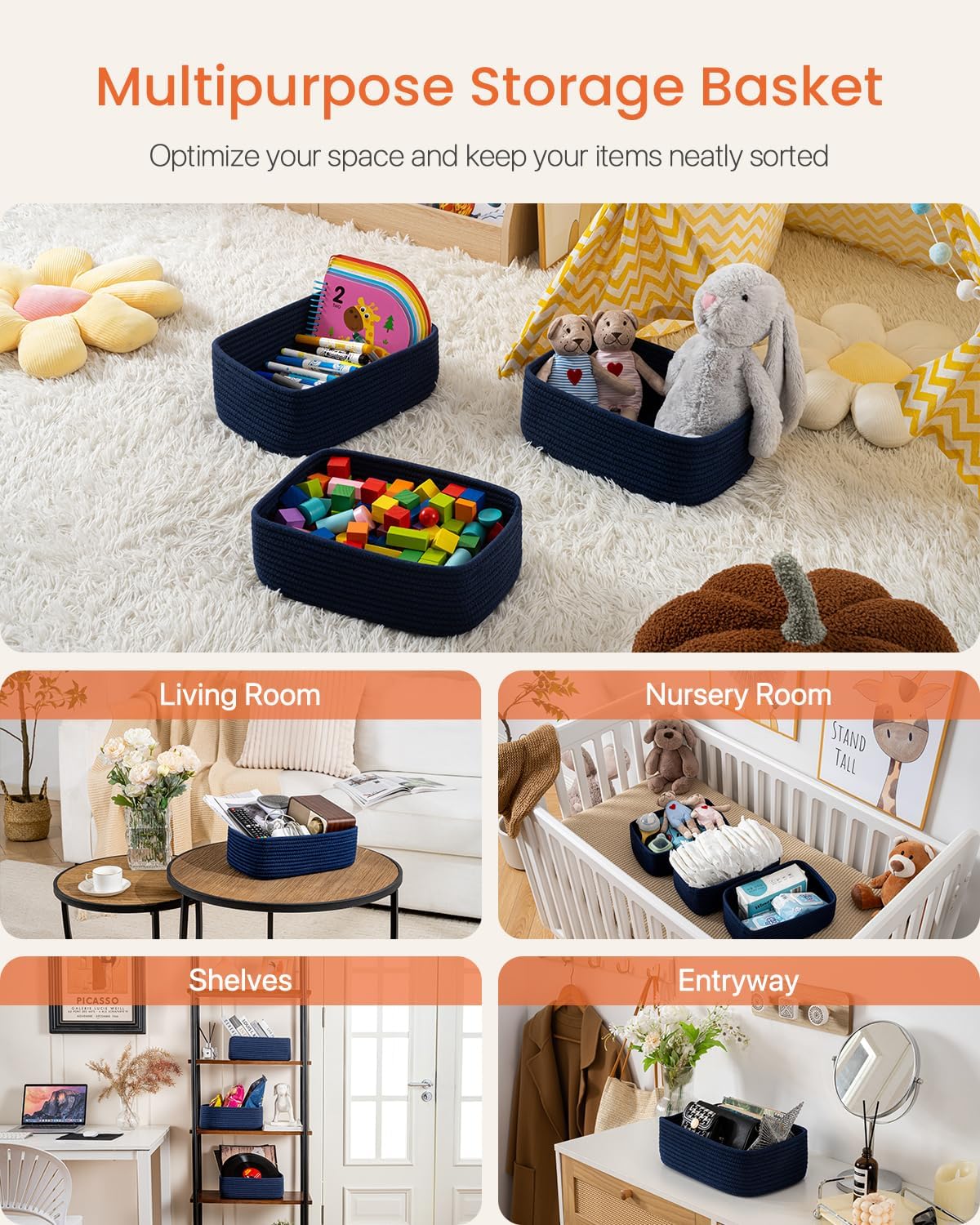 Small Woven Basket, 12 x 8 x 4.5 Inches, Storage Basket for Organizing, Cute Small Rope Shelf Closet Cube Storage Bins Baskets for Shelves, Dog Toy Gift Baskets Empty, 3 Packs, Navy Blue