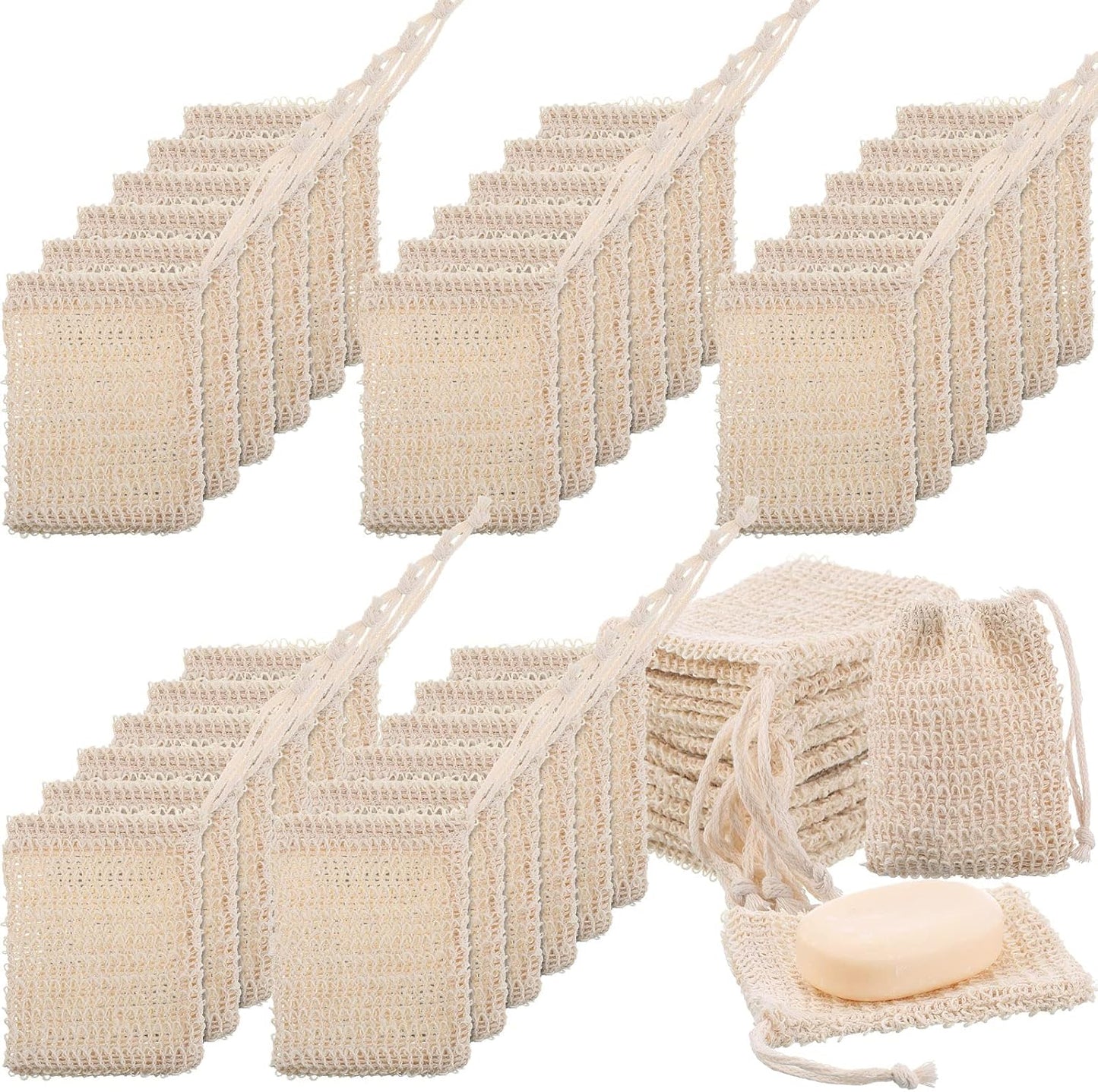 Rtteri 150 Pcs Soap Exfoliating Bag, Natural Sisal Soap Pouch Saver Body Shower Bar Mesh Body Net with Drawstring for Foaming and Drying