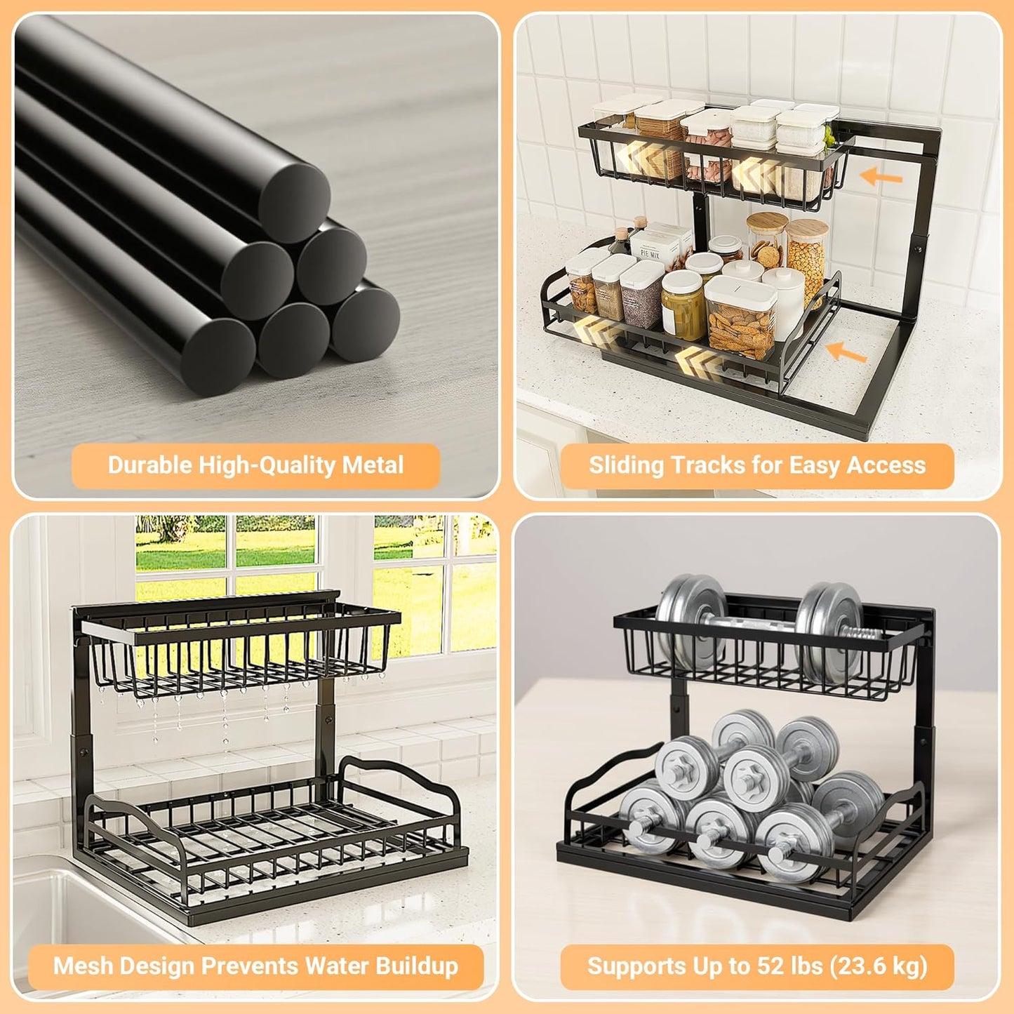 AceMining Under Sink Organizer, 2 Pack Pull-Out Under Cabinet Organizer, 2 Tier Under Sink Storage with Sliding Basket, L-Shaped and Adjustable Height Design for Kitchen and Bathroom