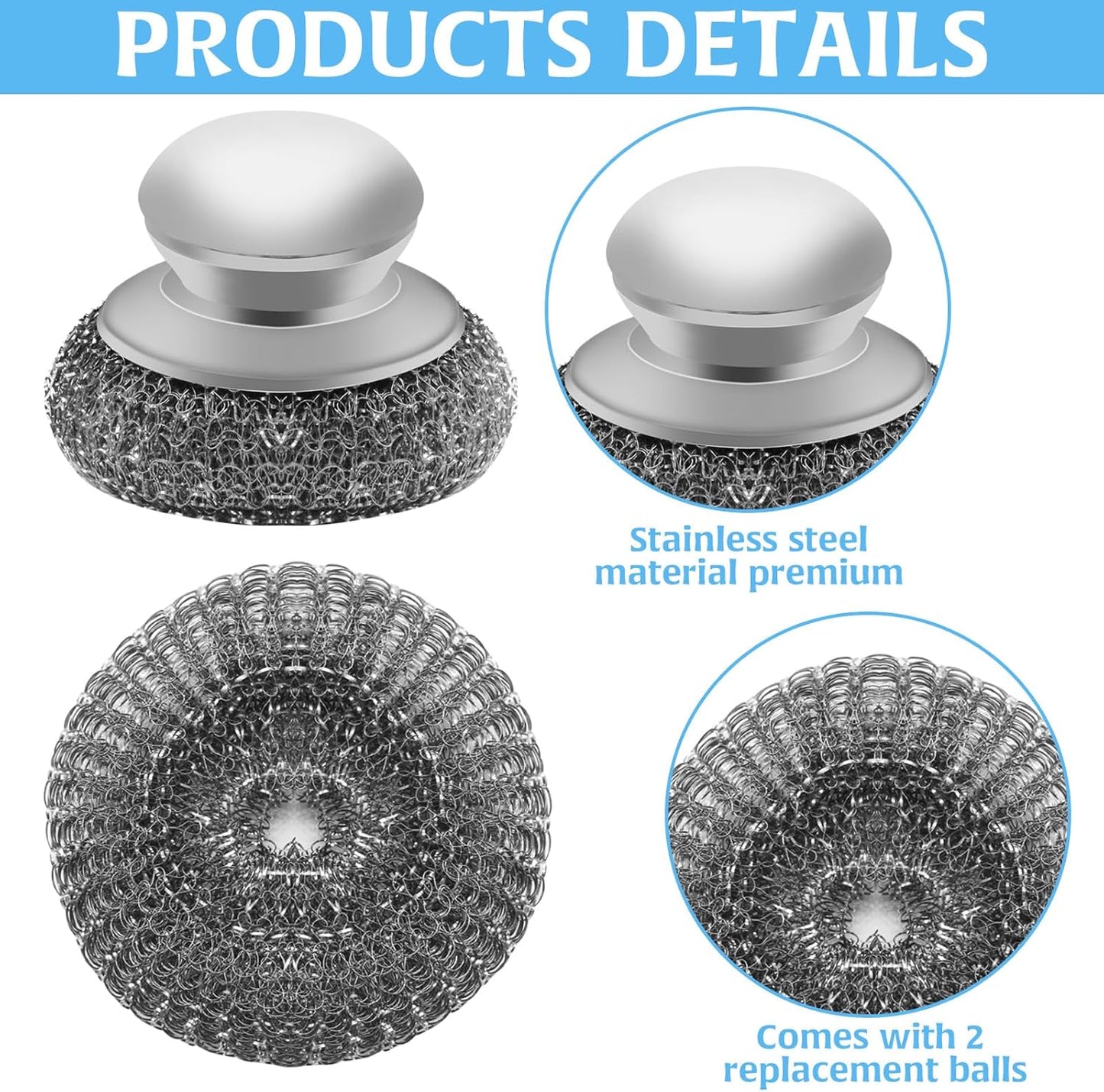 Stainless Steel Wool Scrubber with 2 Replacement Pads - Clean Metal Pans, Pots, Grills & More
