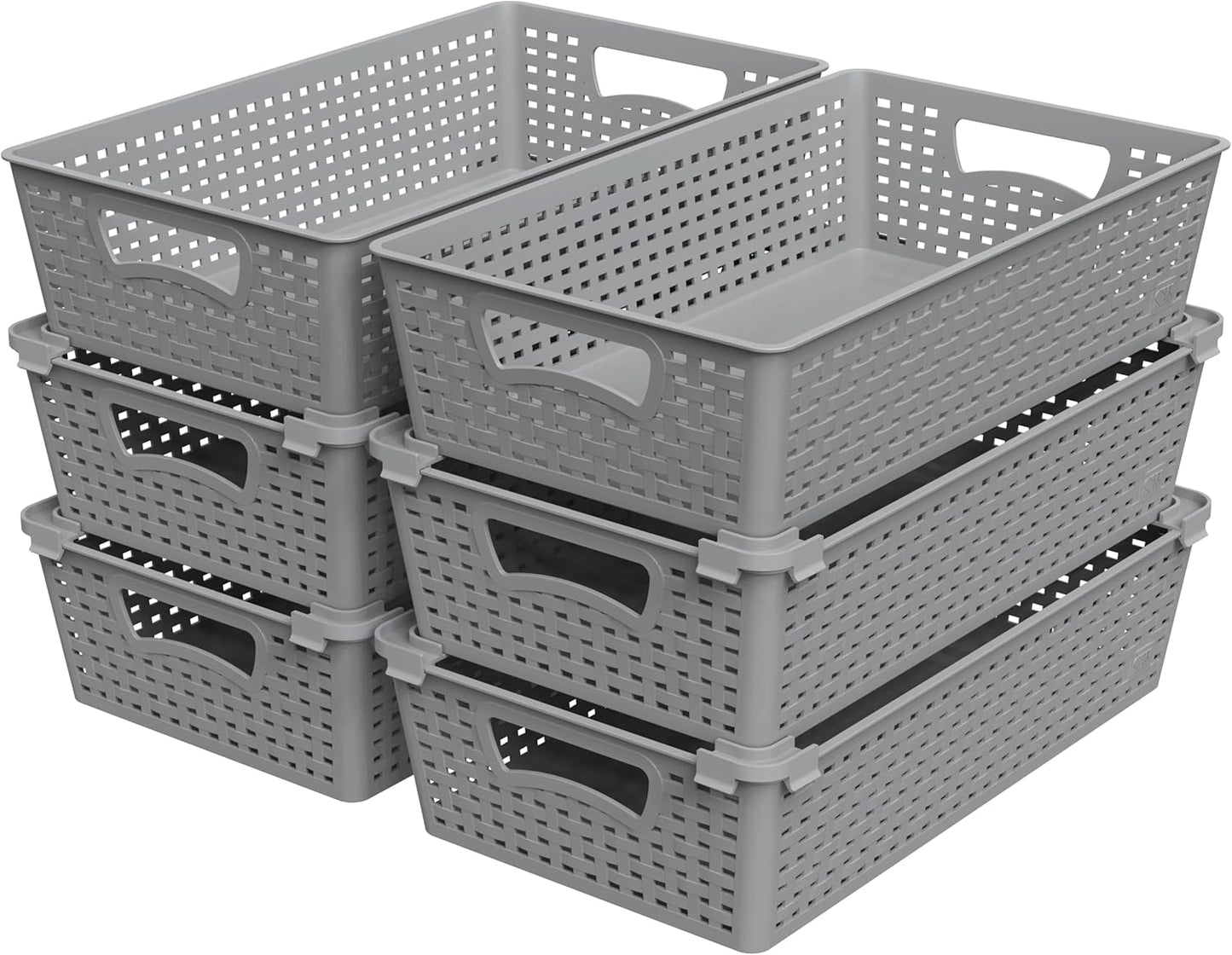 Simple Houseware Stackable Plastic Woven Basket Organizer, 6 Pack, 14.5" x 8.5" x 3.5", Gray