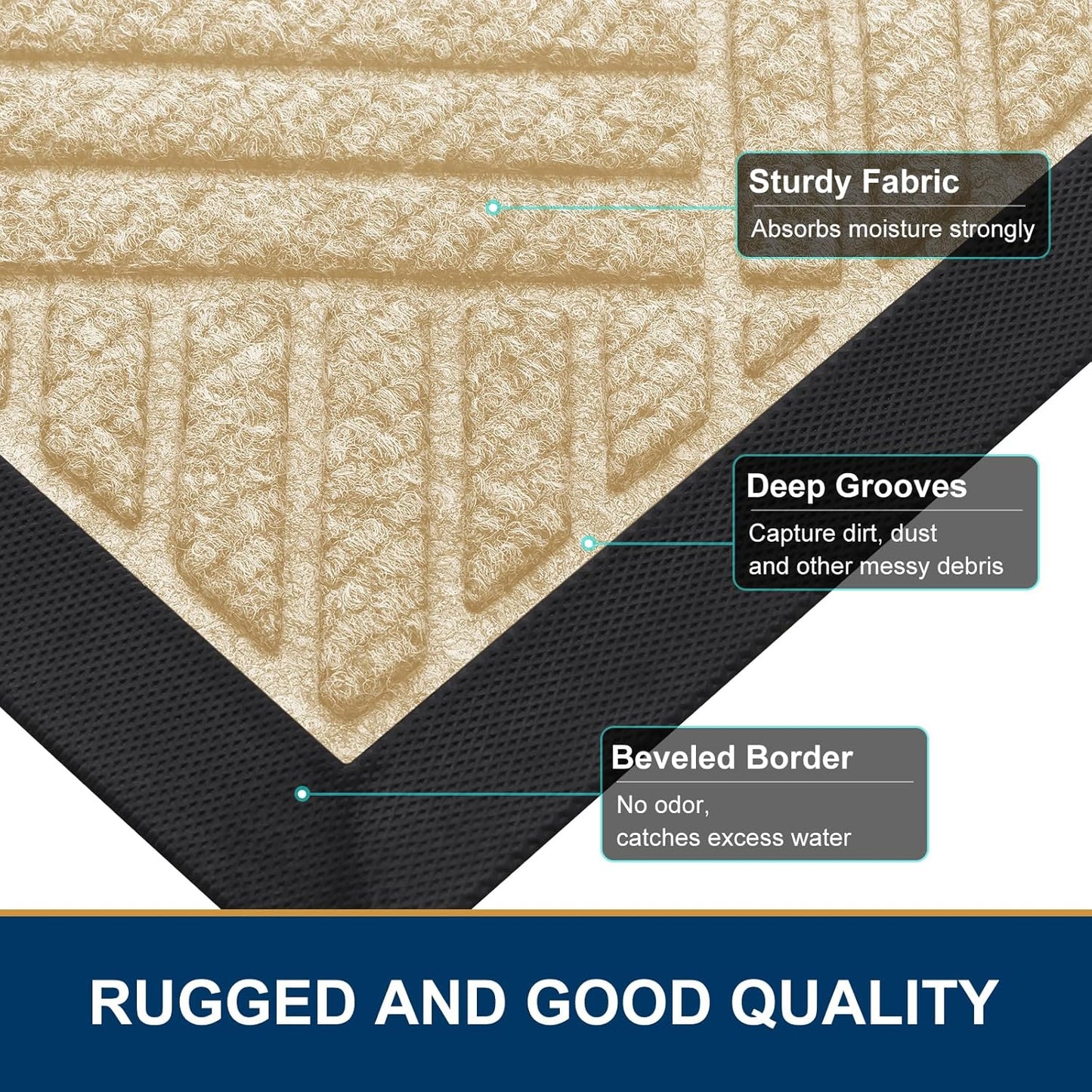 Smiry Front Door Mat Outside Entrance, Heavy Duty Outdoor Indoor Natural Rubber Doormat, Non Slip, Trap Dirt and Moisture, Easy Clean, Low Profile Patio Porch Entryway Mat, 59x23, Beige