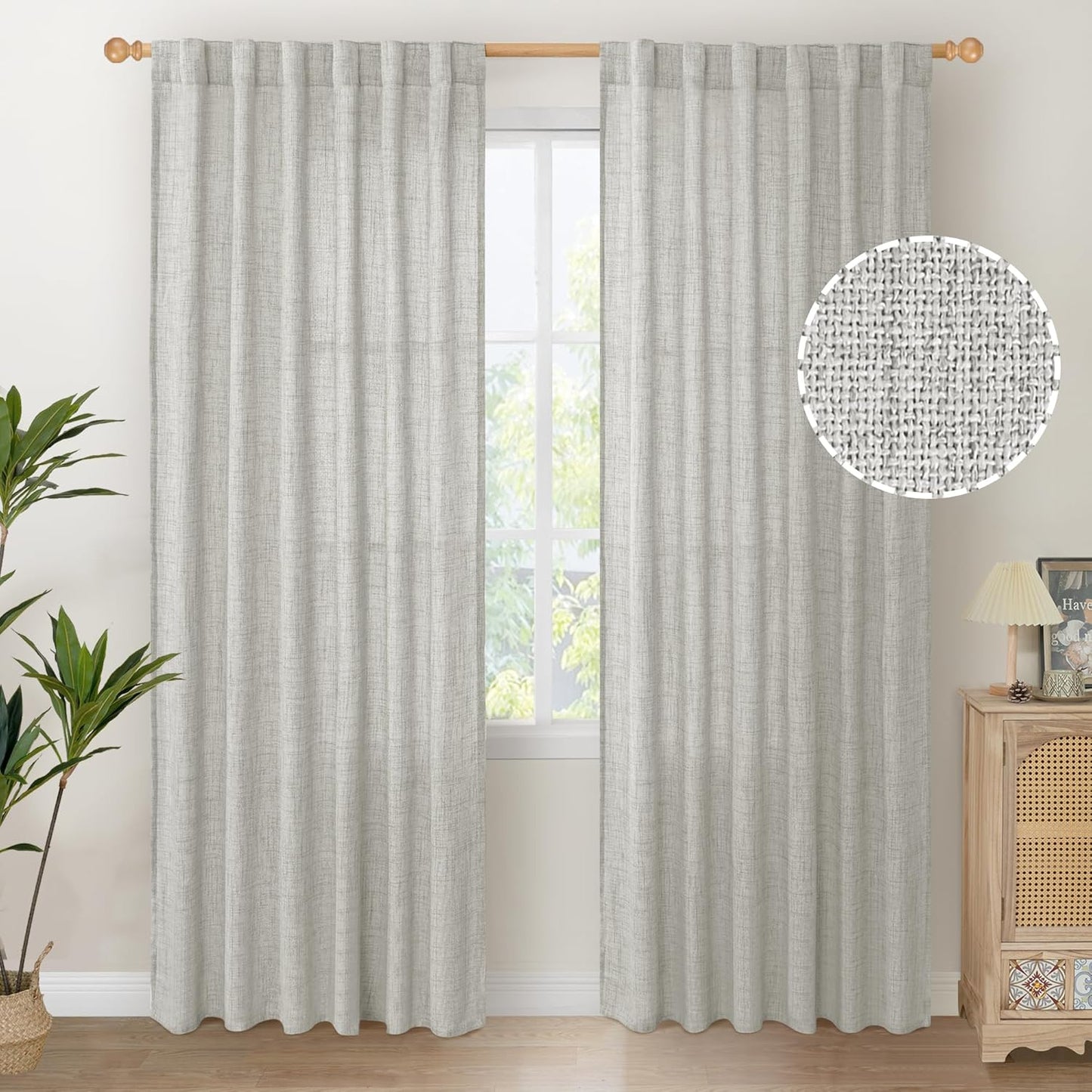 YoungsTex Light Grey Linen Semi Sheer Curtains 84 Inch Length for Living Room 2 Panels Set, Light Filtering Window Treatments Rod Pocket Back Tab for Bedroom Dining Farmhouse, 52 X 84 Inch